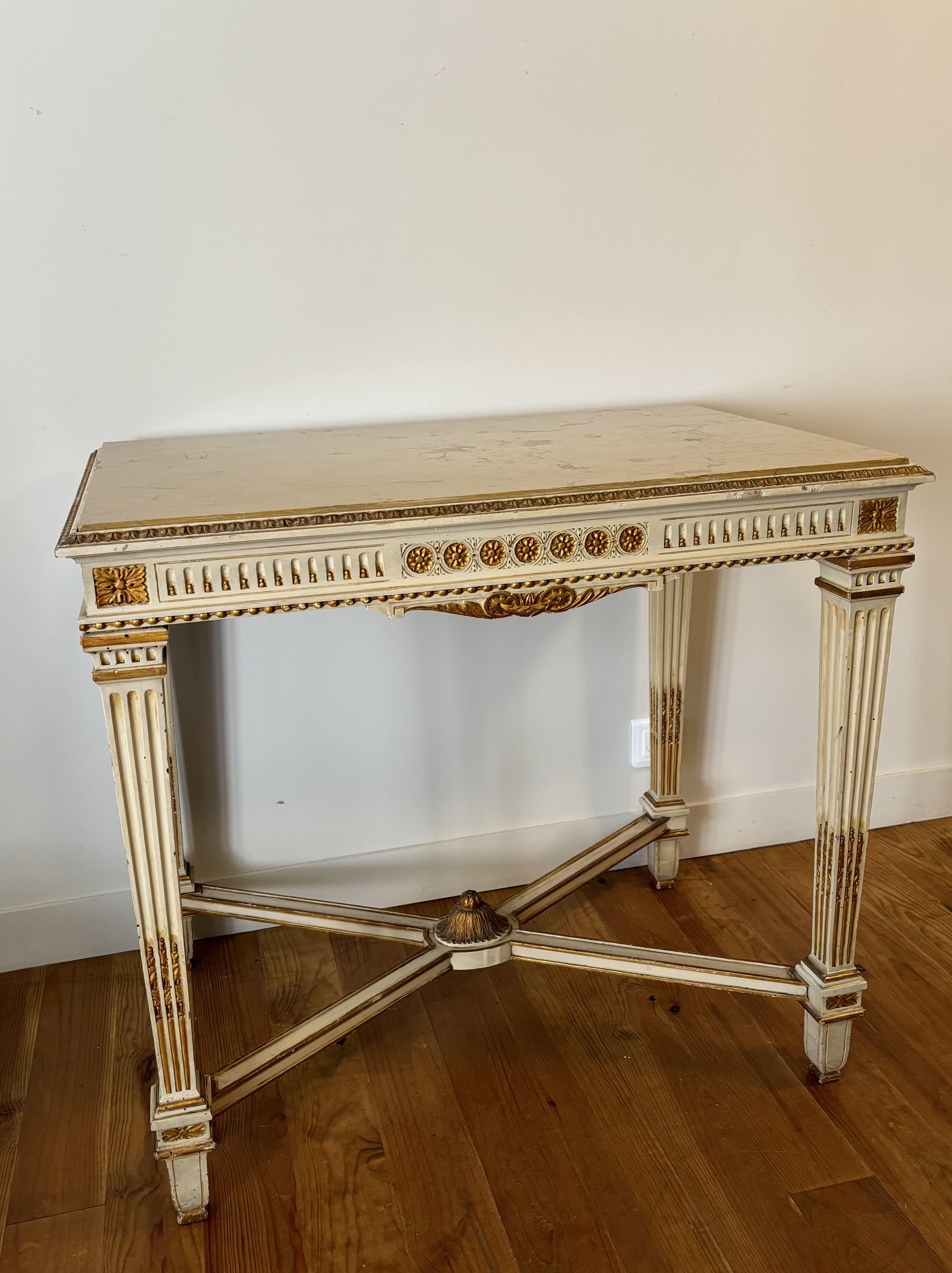 Italian Console Table In Lacquered And Gilded Wood, Marble Top. Mid20th century For Sale 9