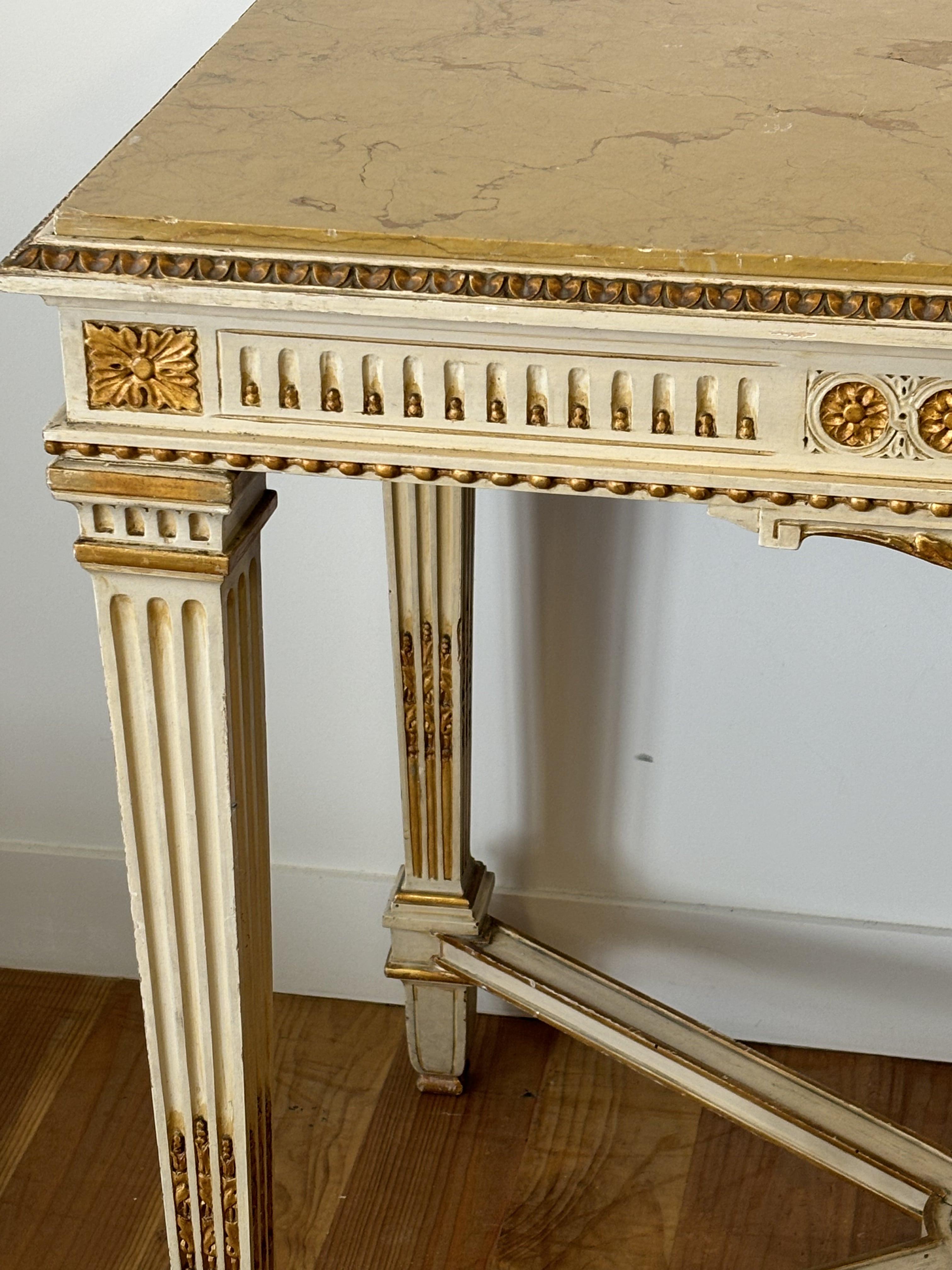 Neoclassical Italian Console Table In Lacquered And Gilded Wood, Marble Top. Mid20th century For Sale