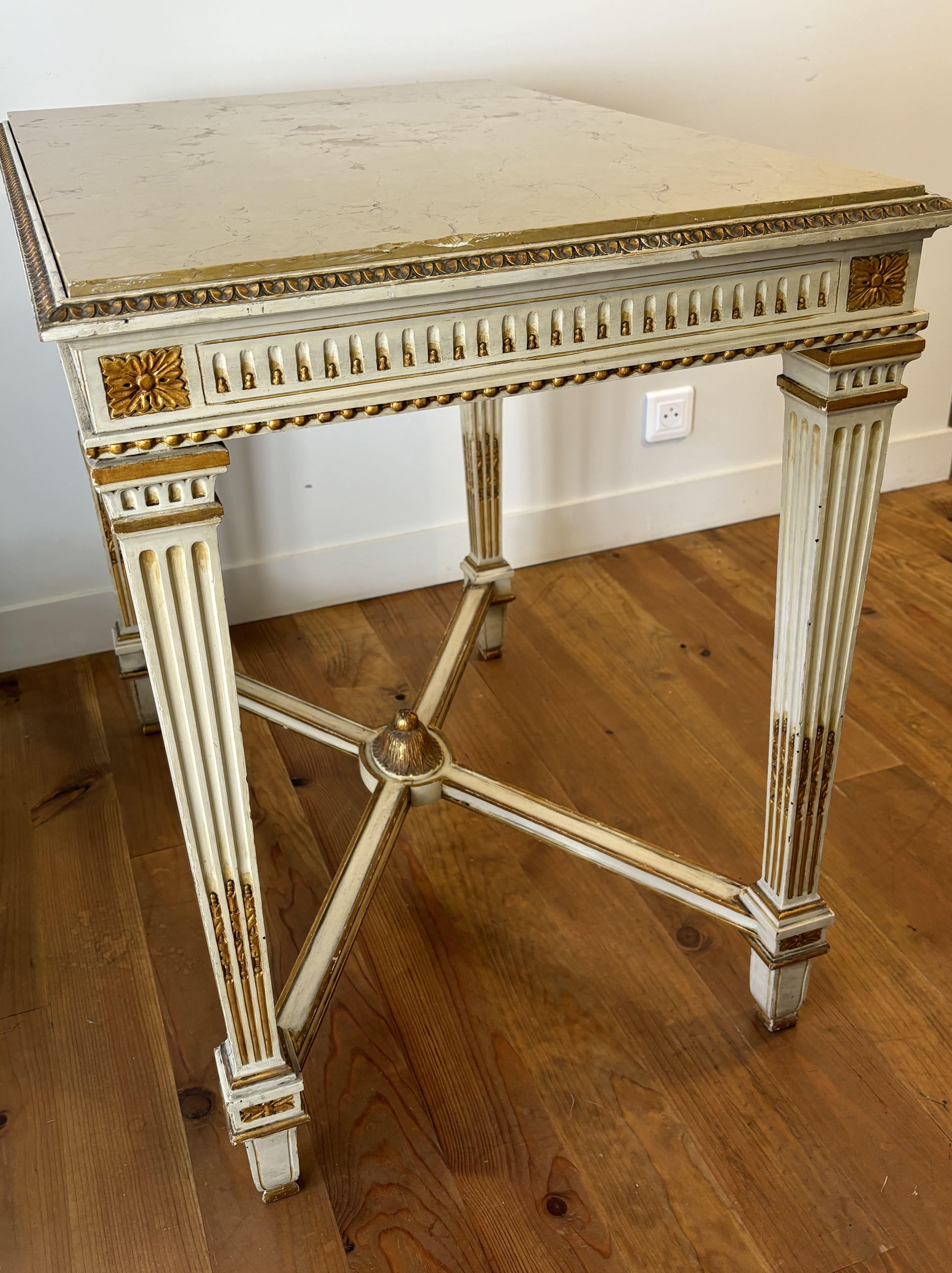 Italian Console Table In Lacquered And Gilded Wood, Marble Top. Mid20th century For Sale 1