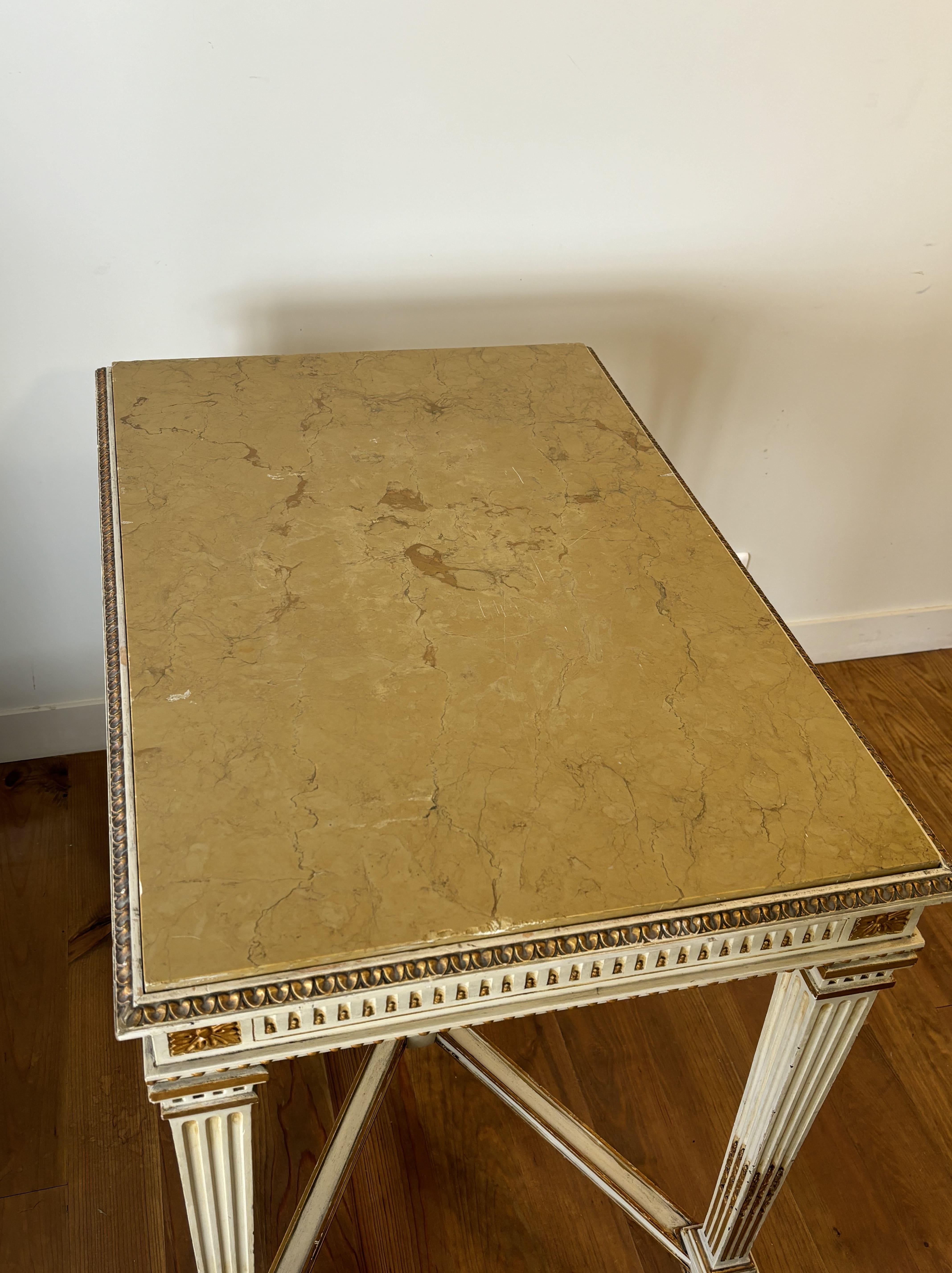 Italian Console Table In Lacquered And Gilded Wood, Marble Top. Mid20th century For Sale 2