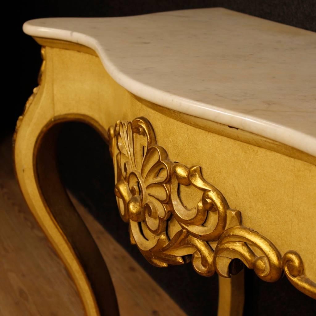 Italian Console Table in Lacquered and Gilt Wood with Marble Top, 20th Century In Good Condition In Vicoforte, Piedmont
