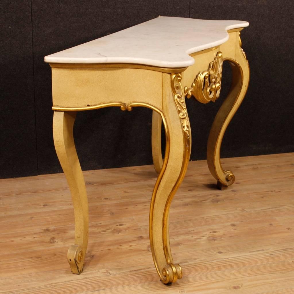 Italian Console Table in Lacquered and Gilt Wood with Marble Top, 20th Century 1