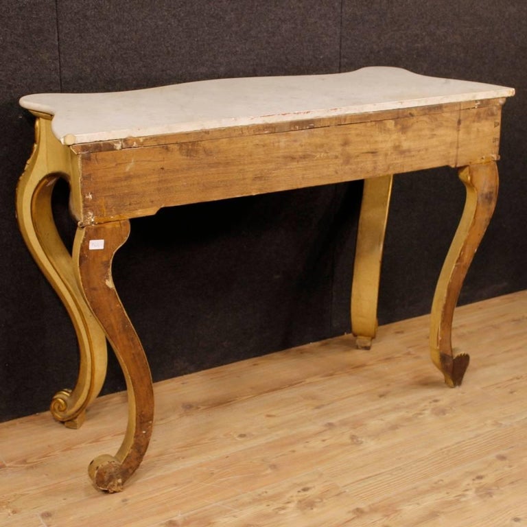 Italian Console Table in Lacquered and Gilt Wood with Marble Top, 20th