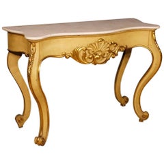 Italian Console Table in Lacquered and Gilt Wood with Marble Top, 20th Century