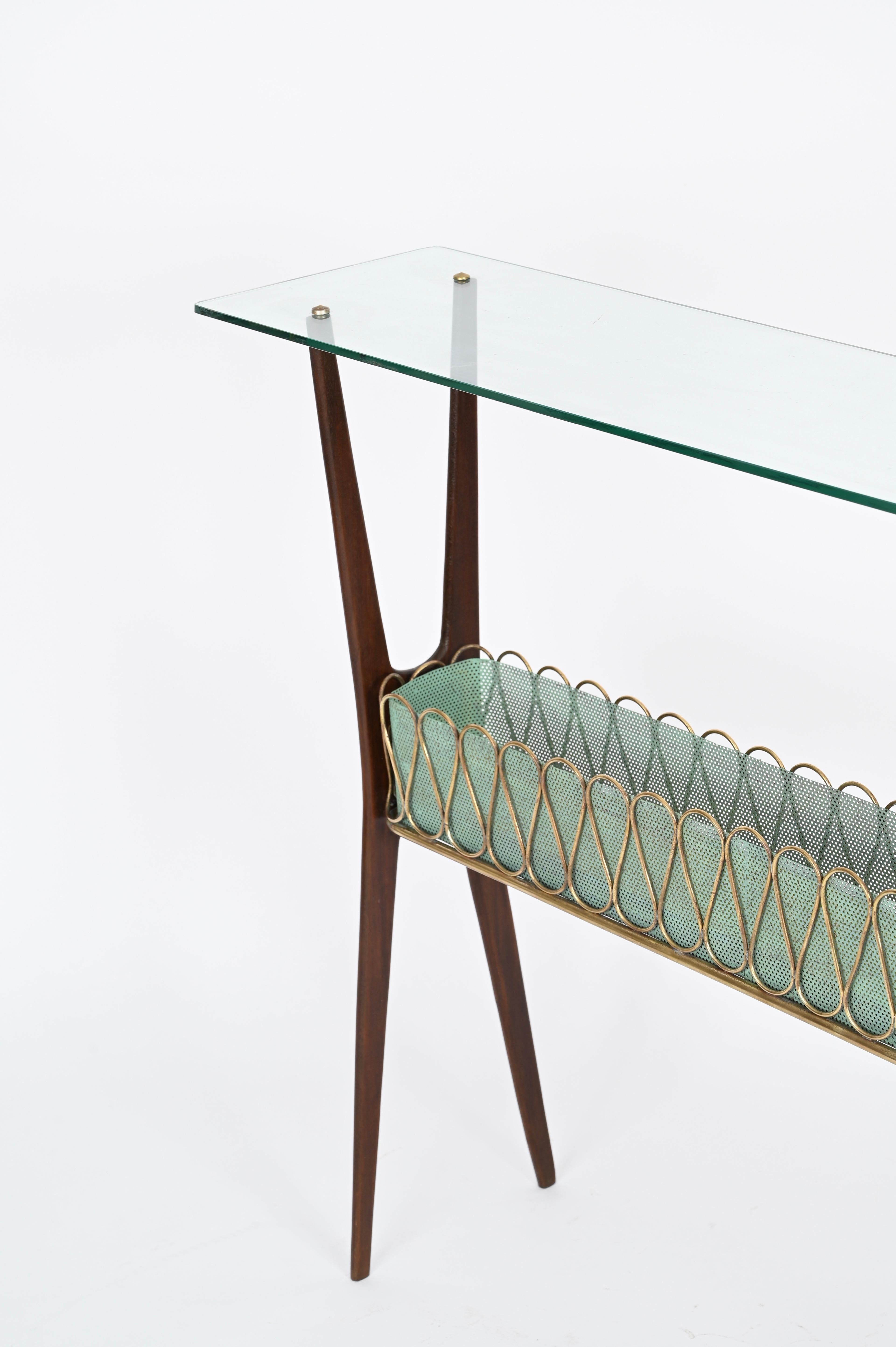 Italian Console Table in Walnut, Brass and Glass by Cesare Lacca, Italy 1950s For Sale 4
