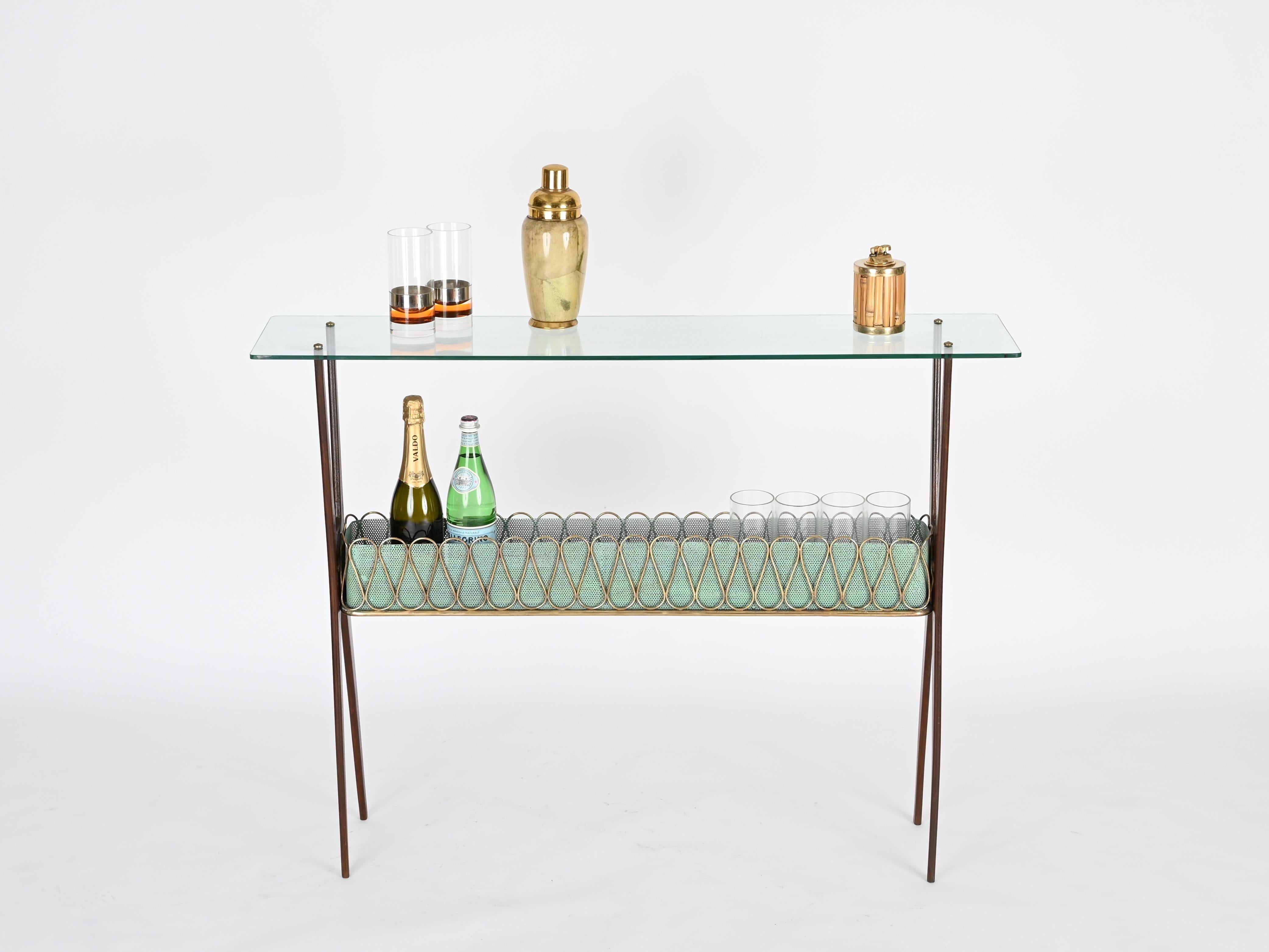 Italian Console Table in Walnut, Brass and Glass by Cesare Lacca, Italy 1950s For Sale 5