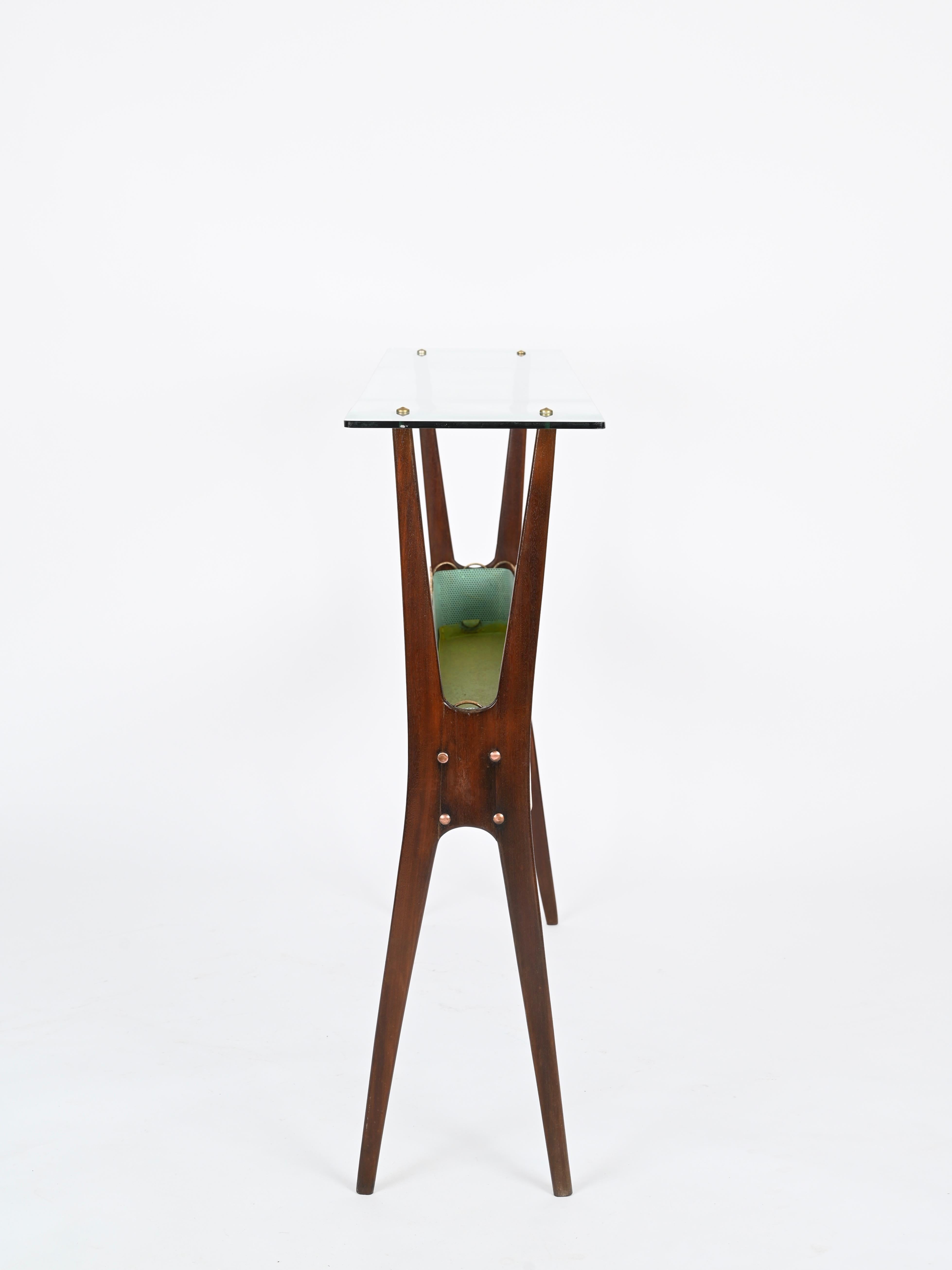 Italian Console Table in Walnut, Brass and Glass by Cesare Lacca, Italy 1950s For Sale 6