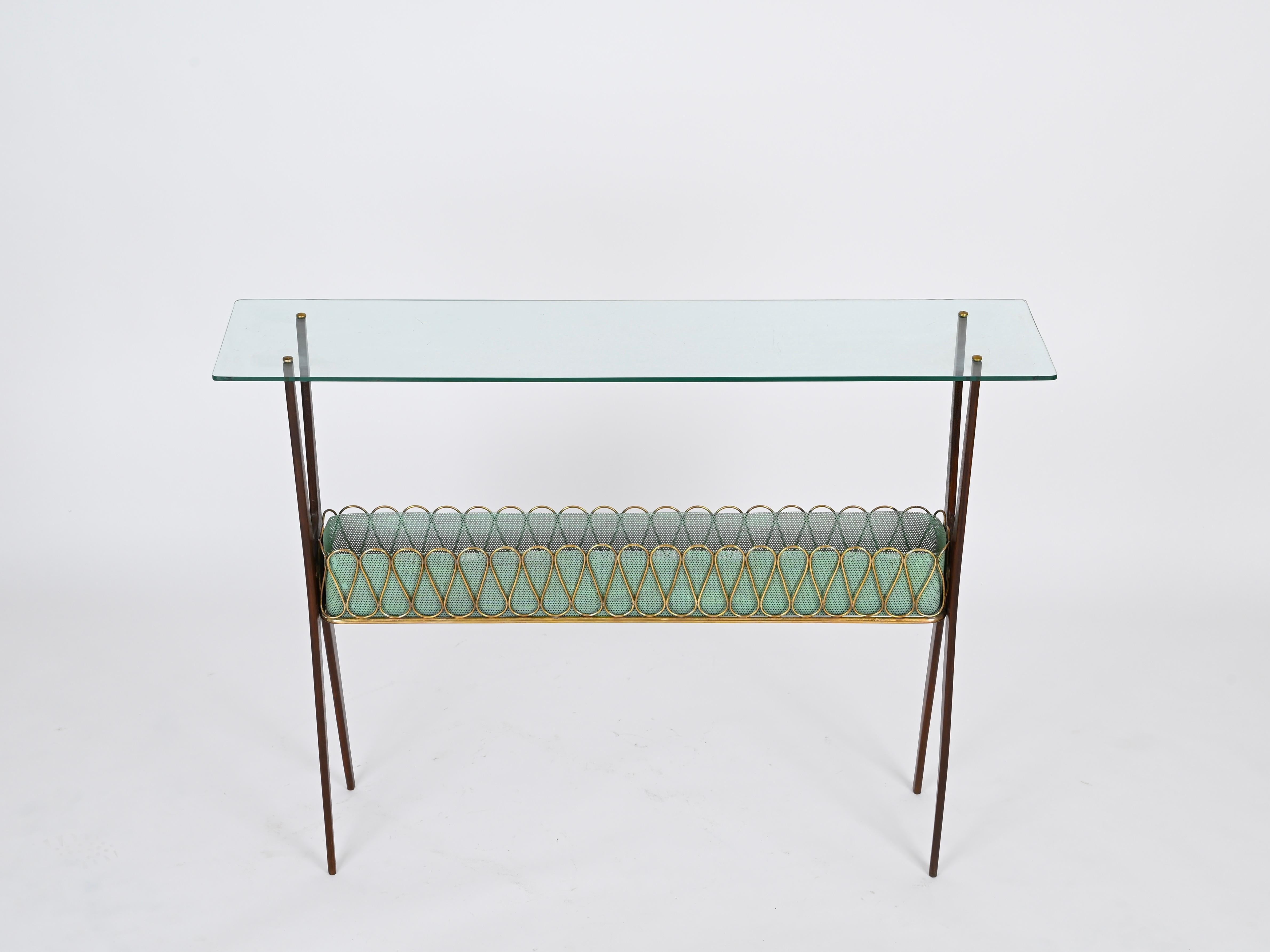 Italian Console Table in Walnut, Brass and Glass by Cesare Lacca, Italy 1950s For Sale 8