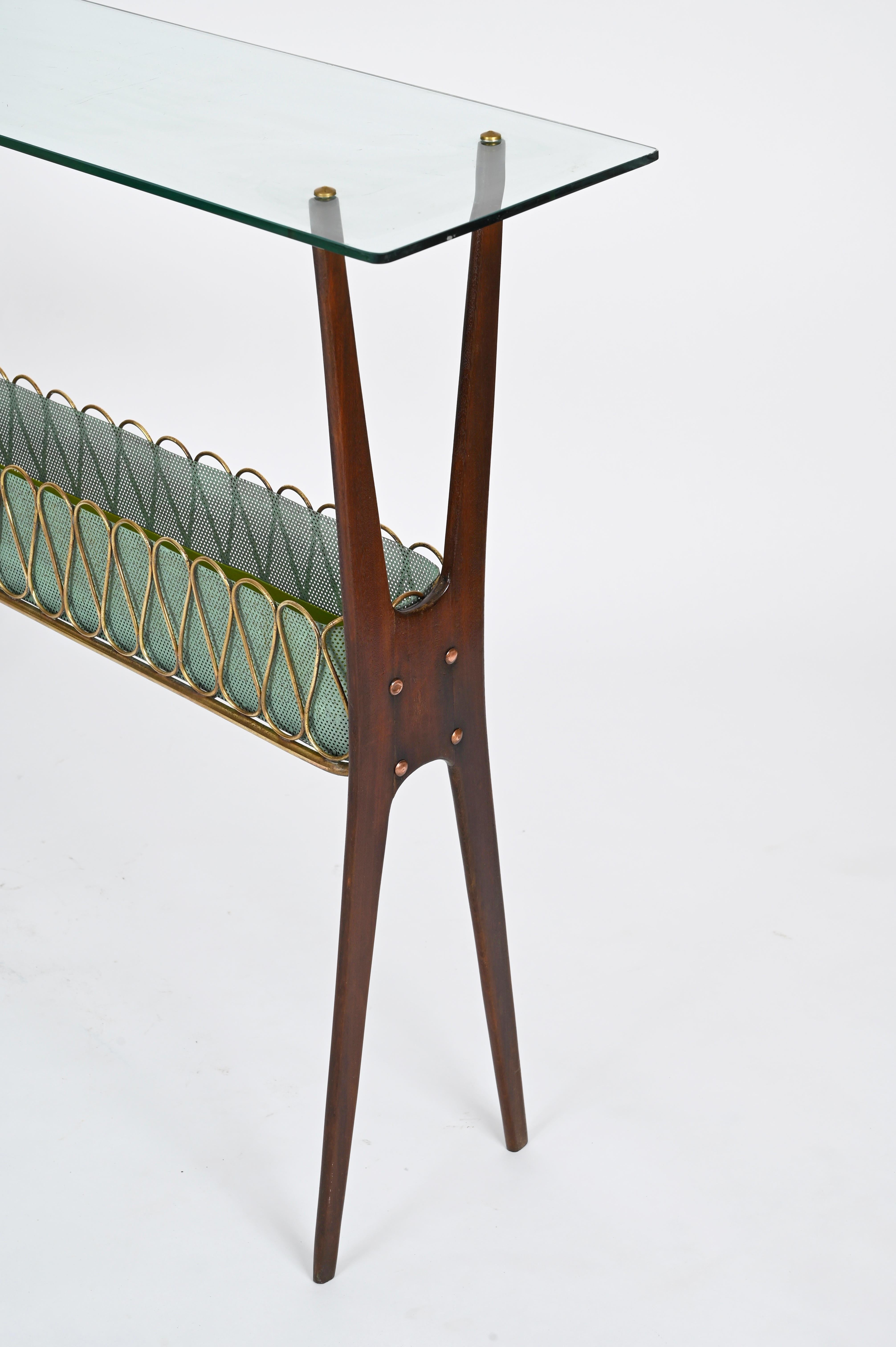 Italian Console Table in Walnut, Brass and Glass by Cesare Lacca, Italy 1950s For Sale 11