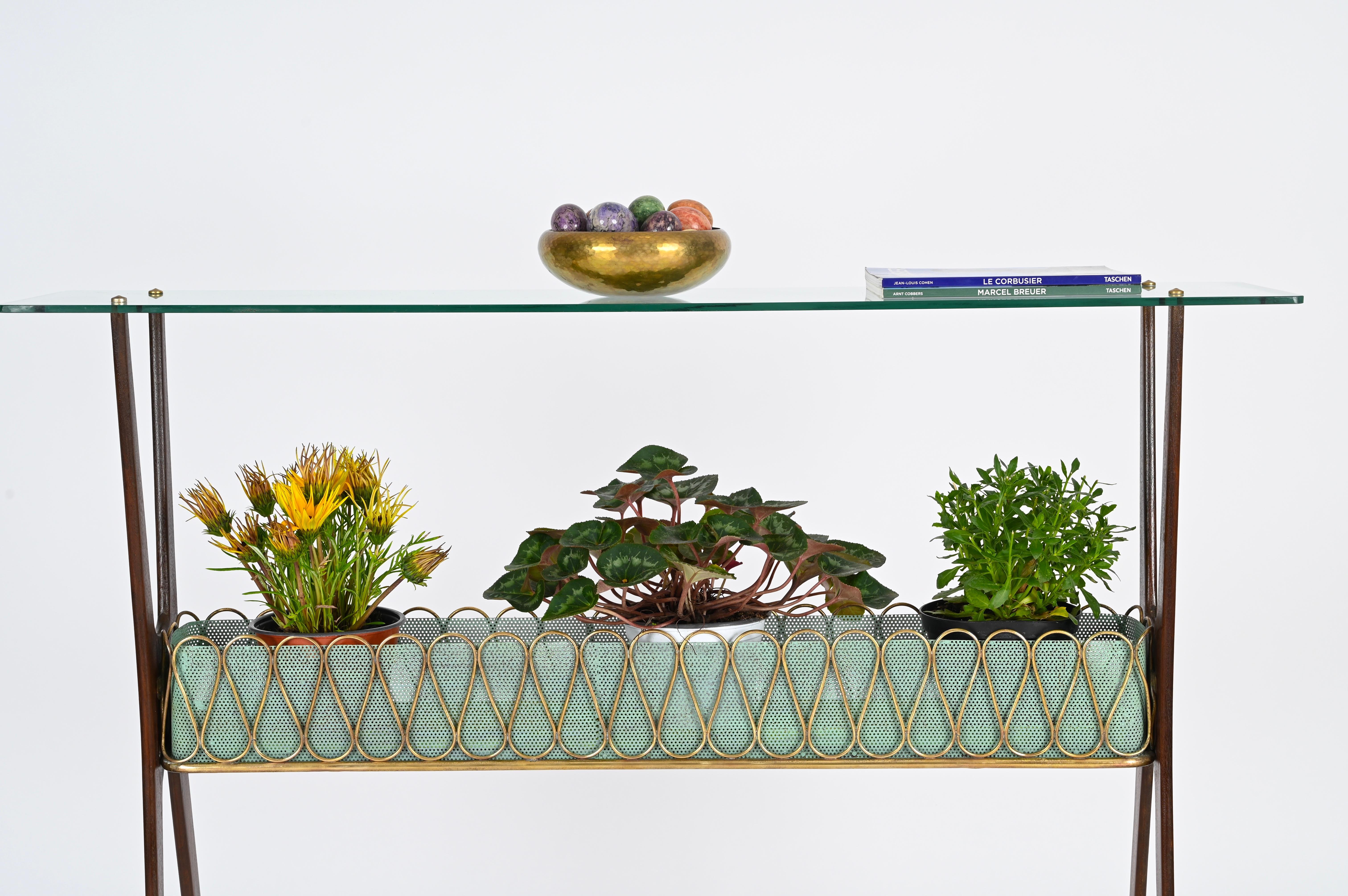 Italian Console Table in Walnut, Brass and Glass by Cesare Lacca, Italy 1950s For Sale 12