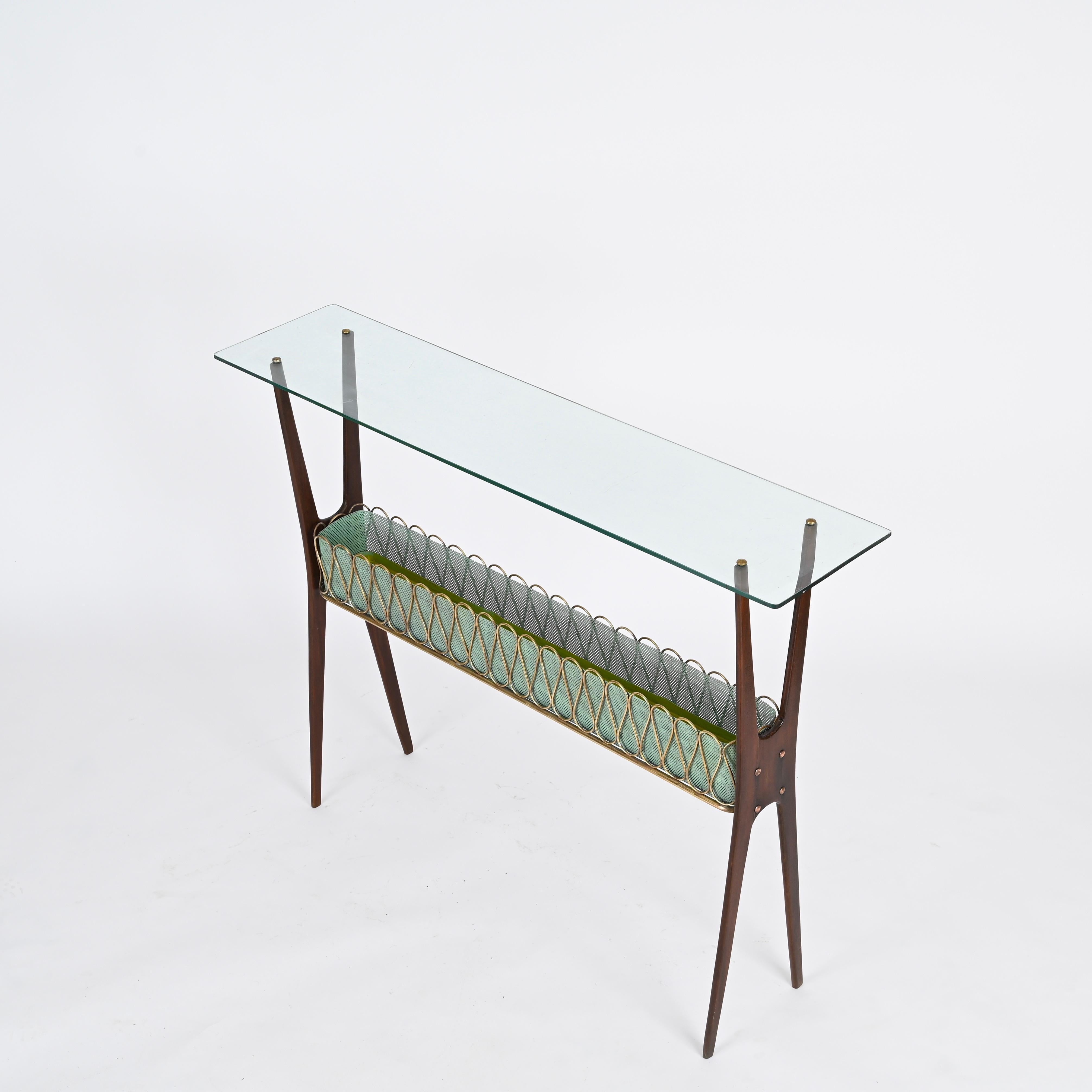 Italian Console Table in Walnut, Brass and Glass by Cesare Lacca, Italy 1950s For Sale 13