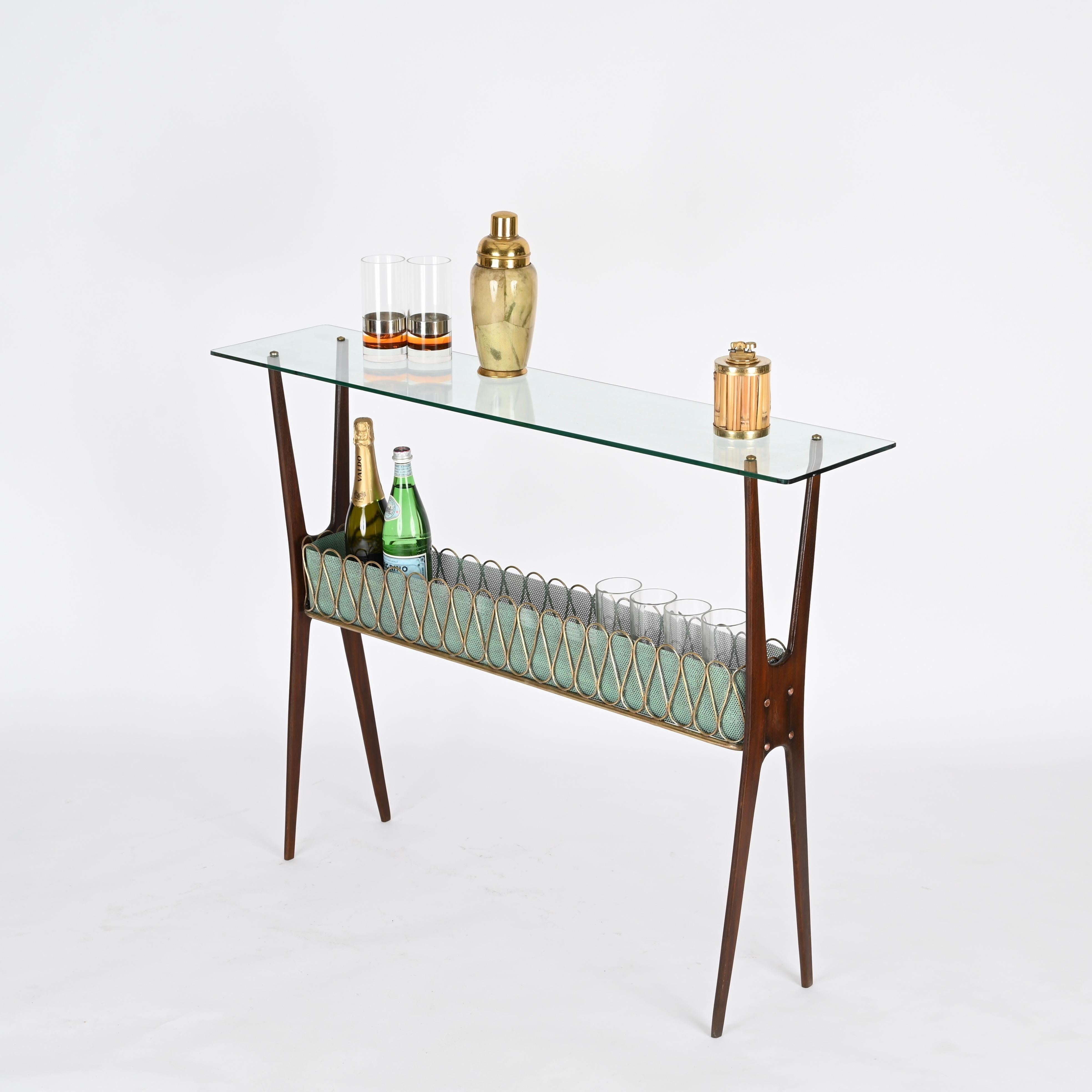 Mid-Century Modern Italian Console Table in Walnut, Brass and Glass by Cesare Lacca, Italy 1950s For Sale