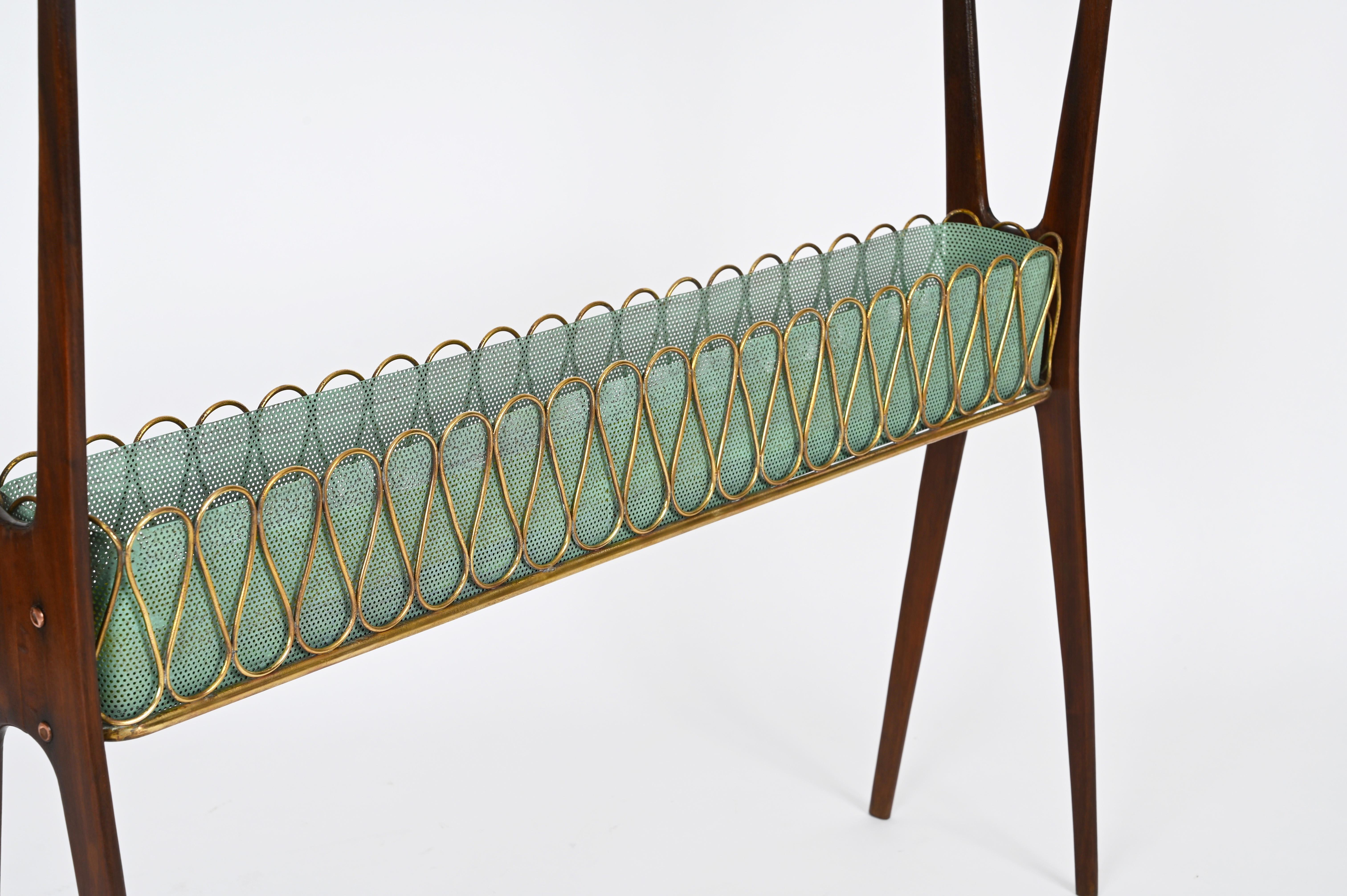 Lacquered Italian Console Table in Walnut, Brass and Glass by Cesare Lacca, Italy 1950s For Sale