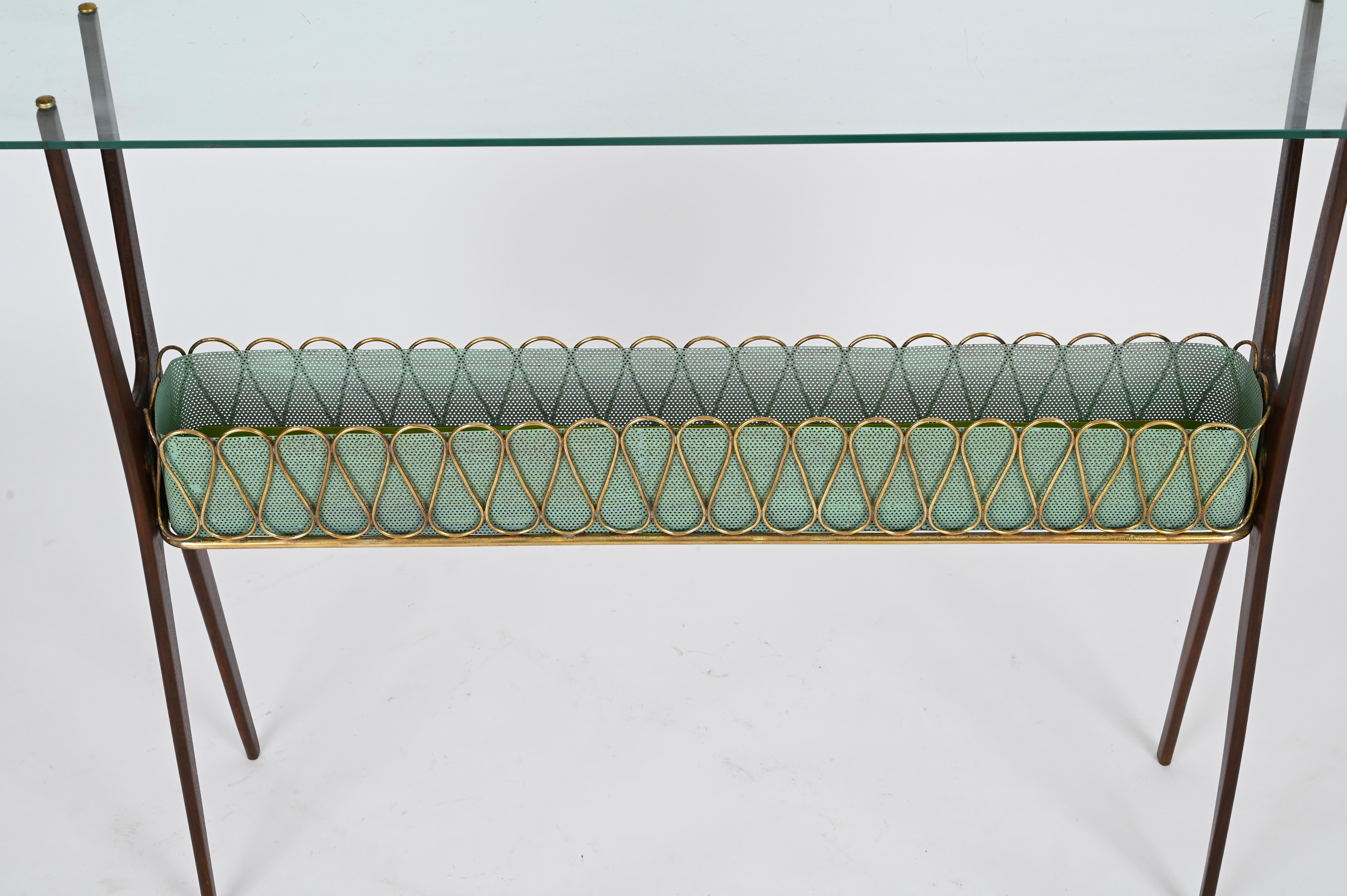 20th Century Italian Console Table in Walnut, Brass and Glass by Cesare Lacca, Italy 1950s For Sale