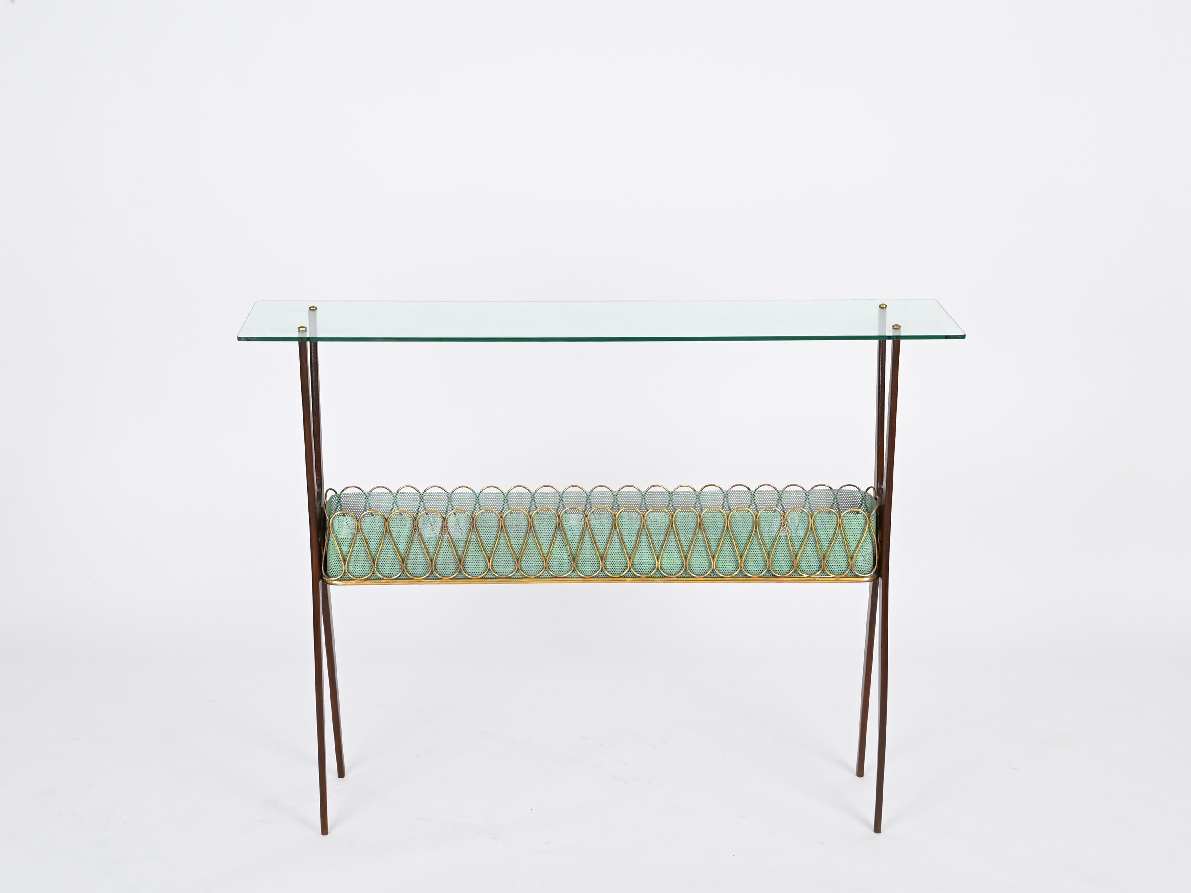 Italian Console Table in Walnut, Brass and Glass by Cesare Lacca, Italy 1950s For Sale 1