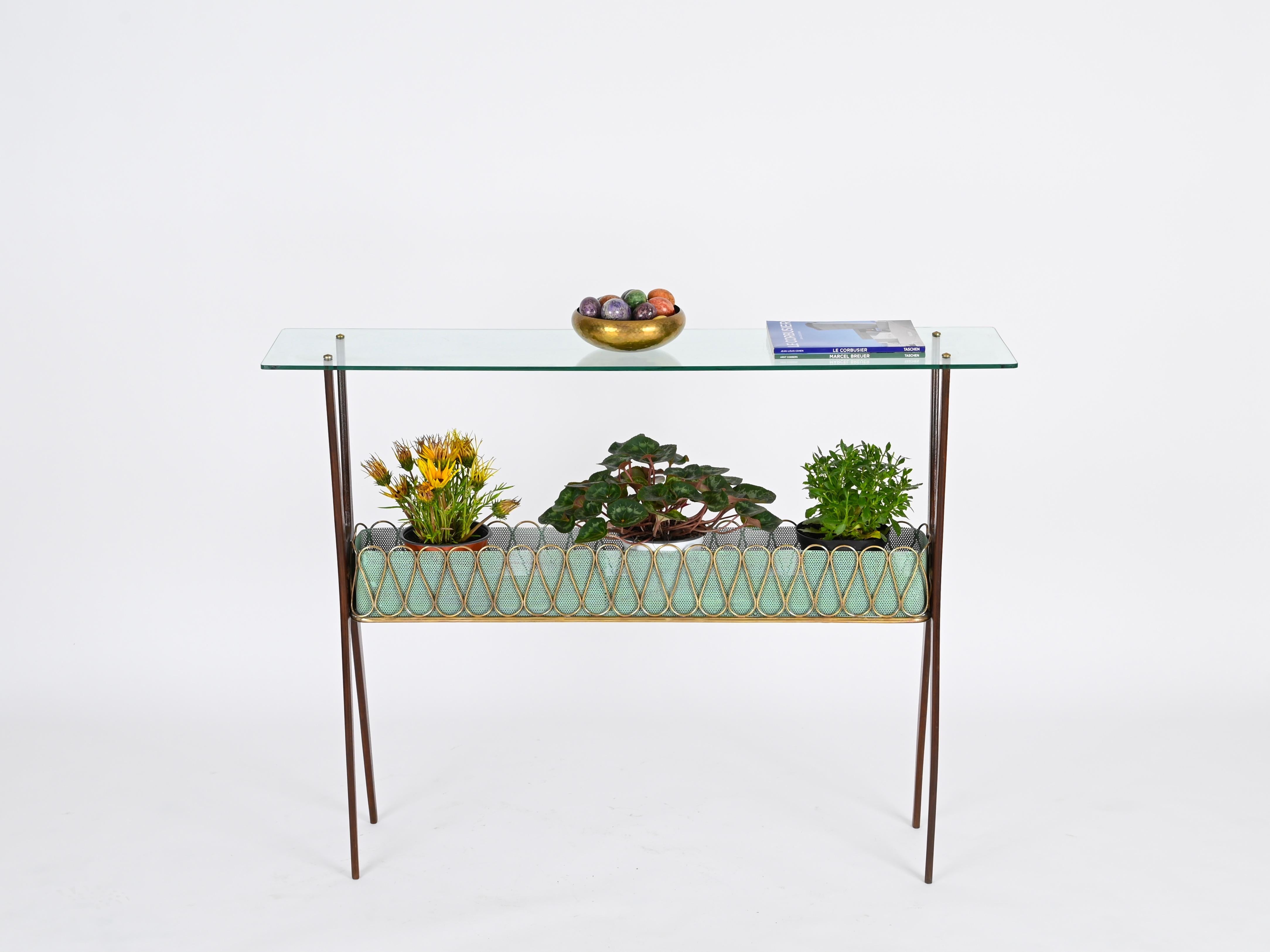 Italian Console Table in Walnut, Brass and Glass by Cesare Lacca, Italy 1950s For Sale 2