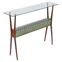 Italian Console Table in Walnut, Brass and Glass by Cesare Lacca, Italy 1950s
