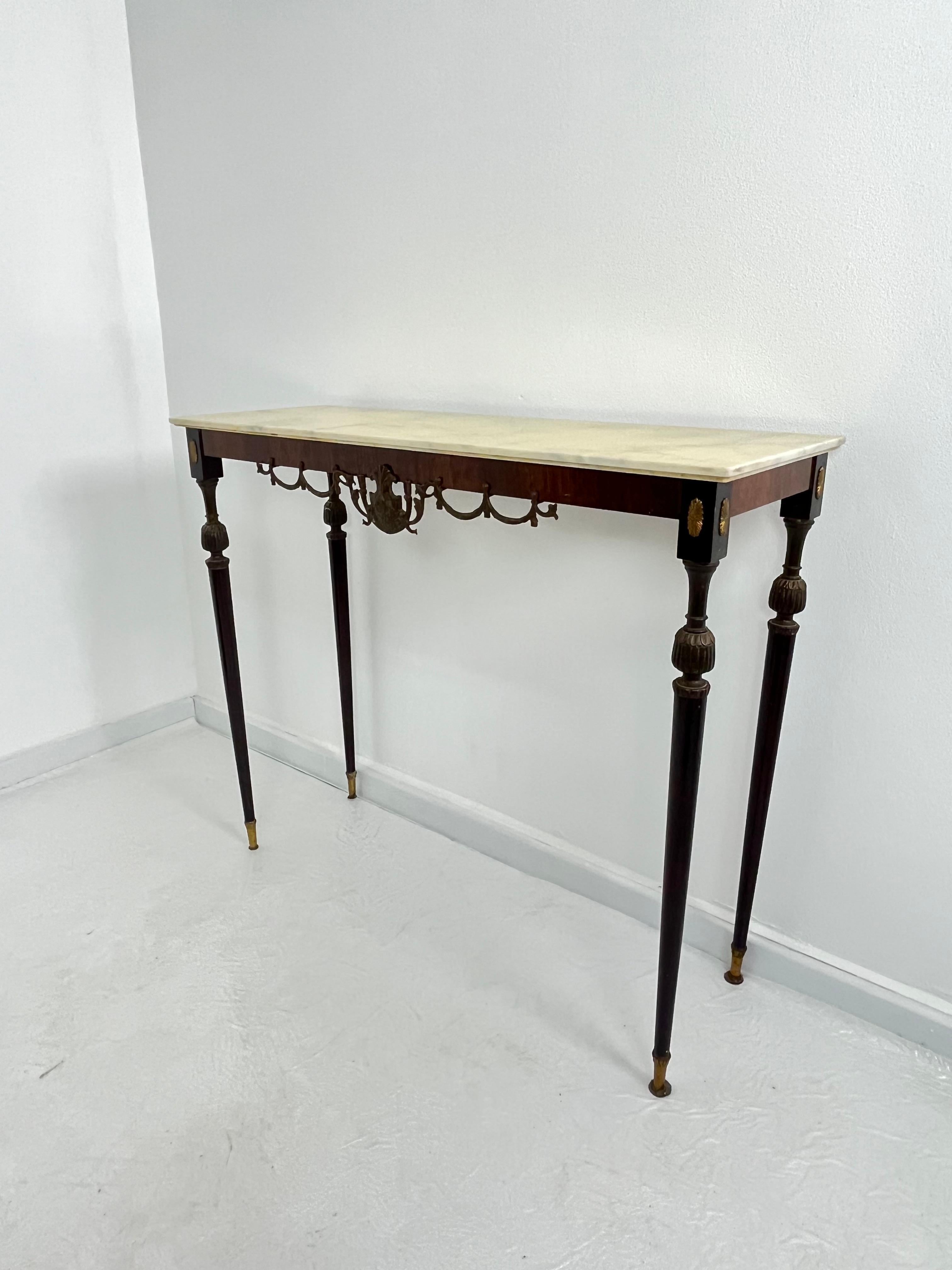 Italian Console Table in wood, brass, and bronze, marble top, 1950s For Sale 6