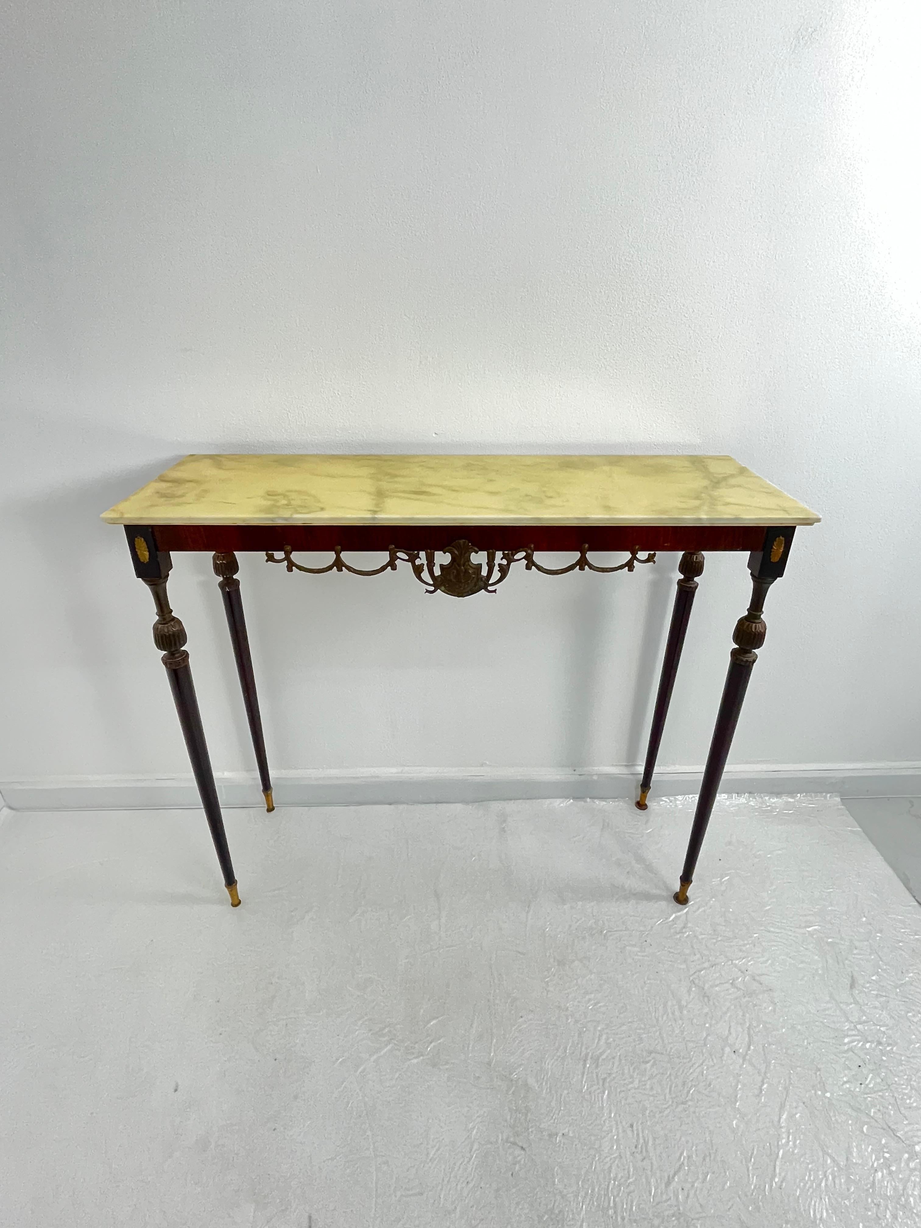 Italian Console Table in wood, brass, and bronze, marble top, 1950s For Sale 7