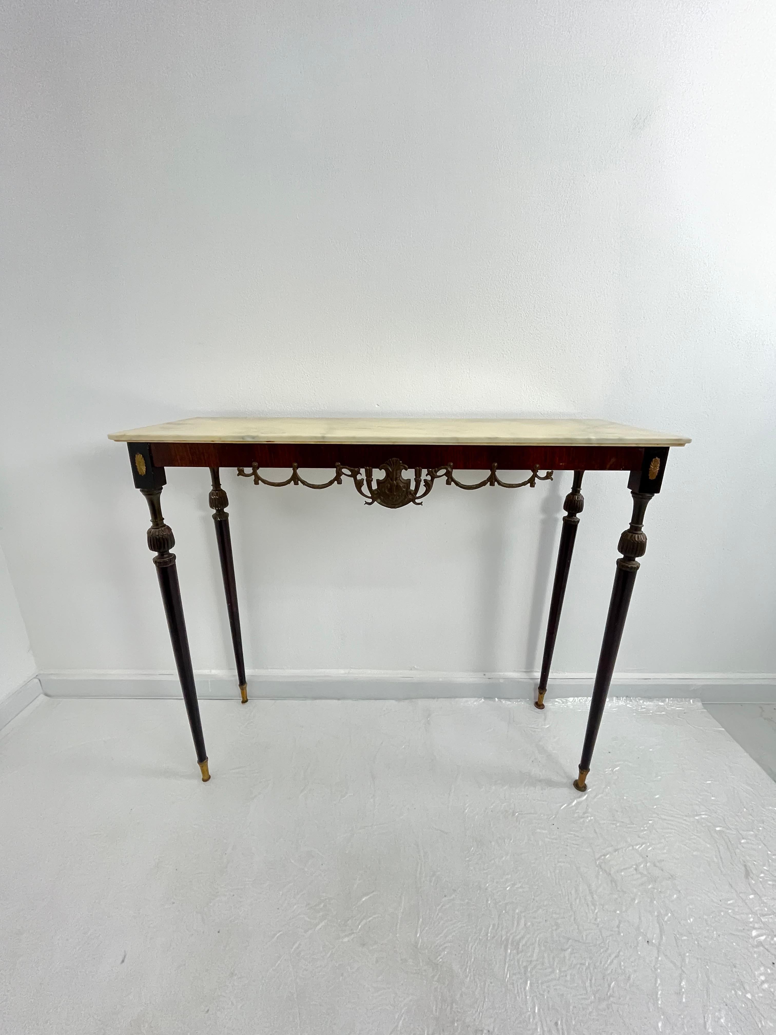Italian Console Table in wood, brass, and bronze, marble top, 1950s For Sale 8