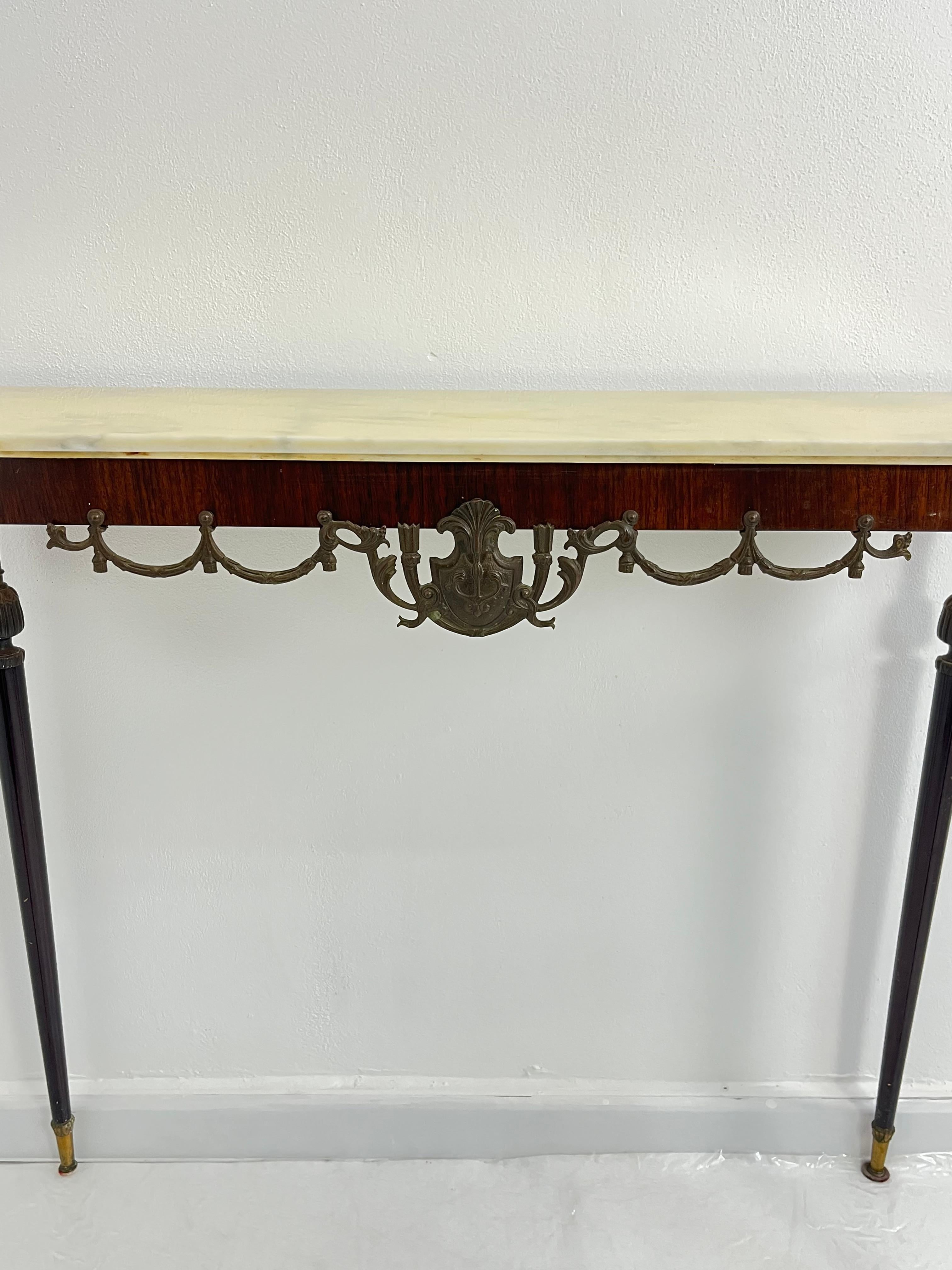 Italian Console Table in wood, brass, and bronze, marble top, 1950s For Sale 9