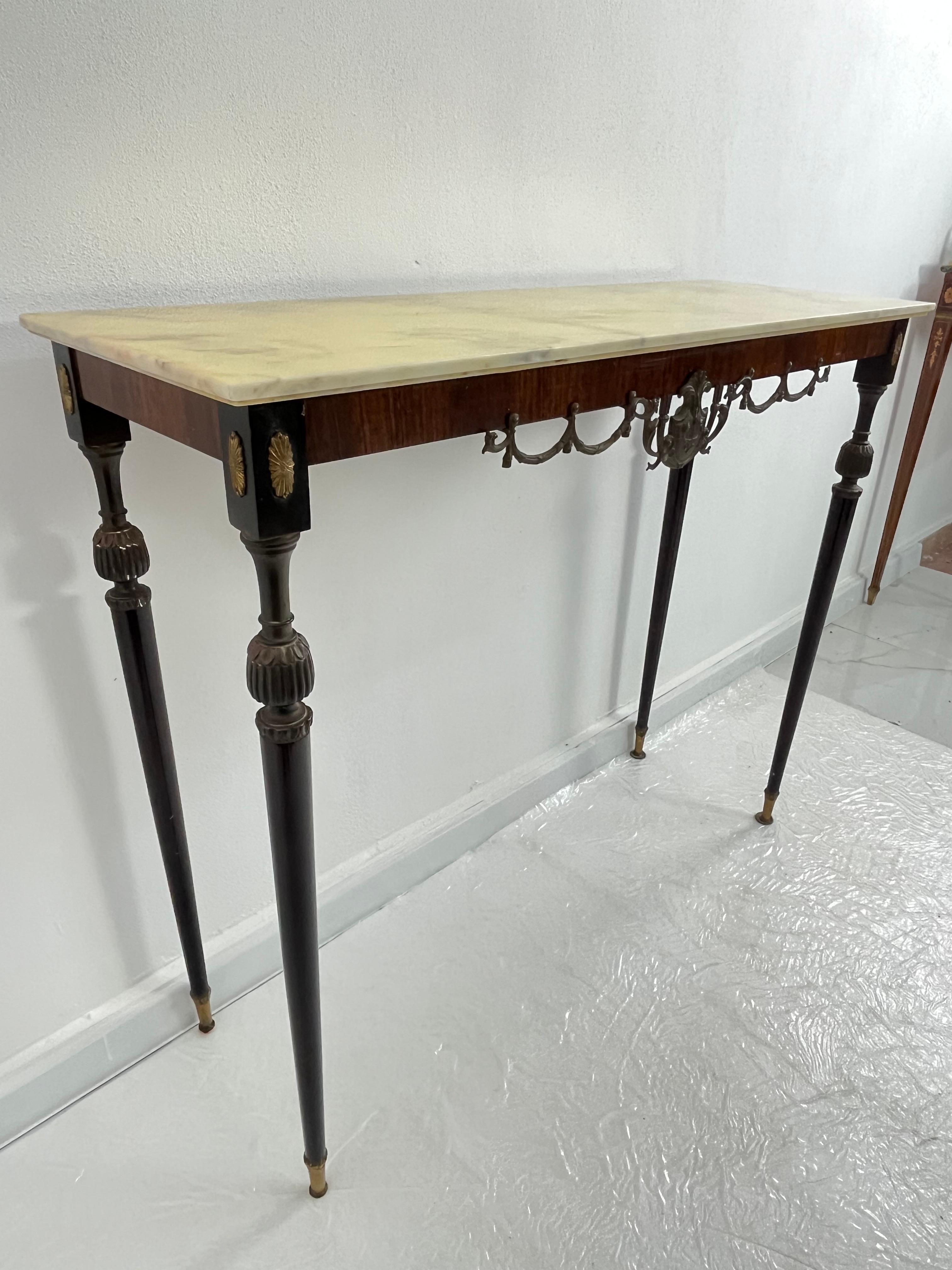 Italian Console Table in wood, brass, and bronze, marble top, 1950s For Sale 11
