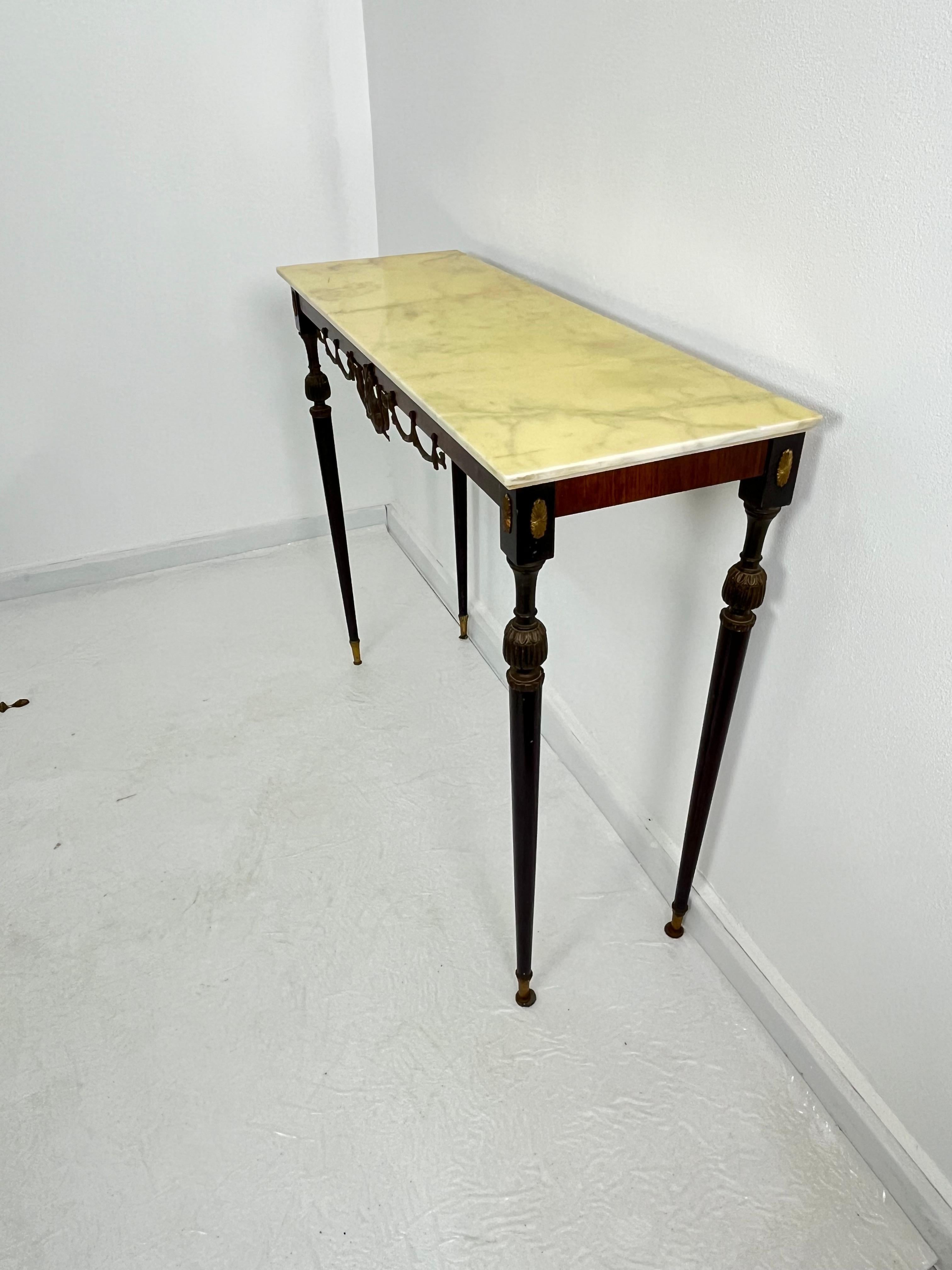Italian Console Table in wood, brass, and bronze, marble top, 1950s For Sale 12
