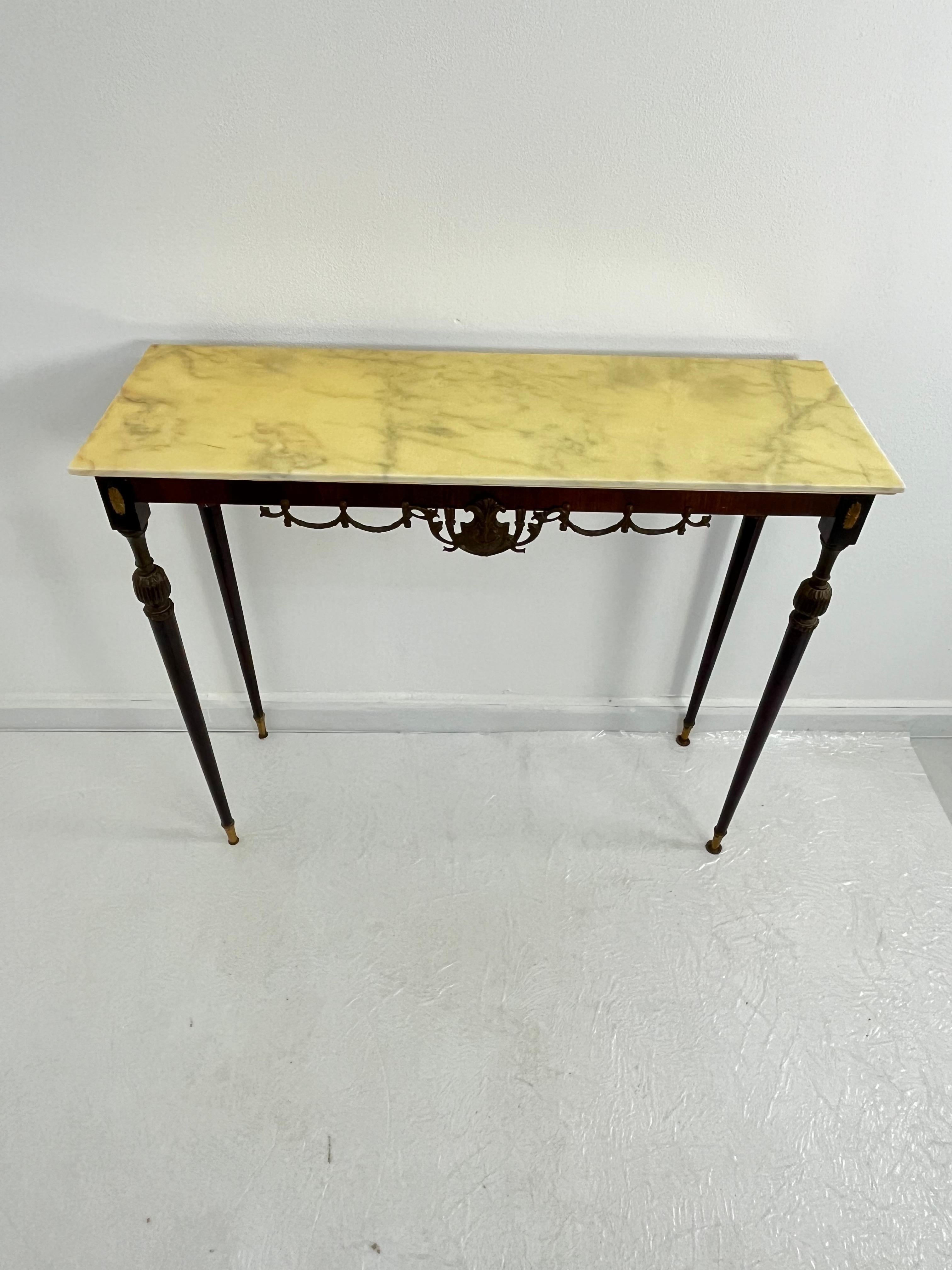 Italian Console Table in wood, brass, and bronze, marble top, 1950s For Sale 13