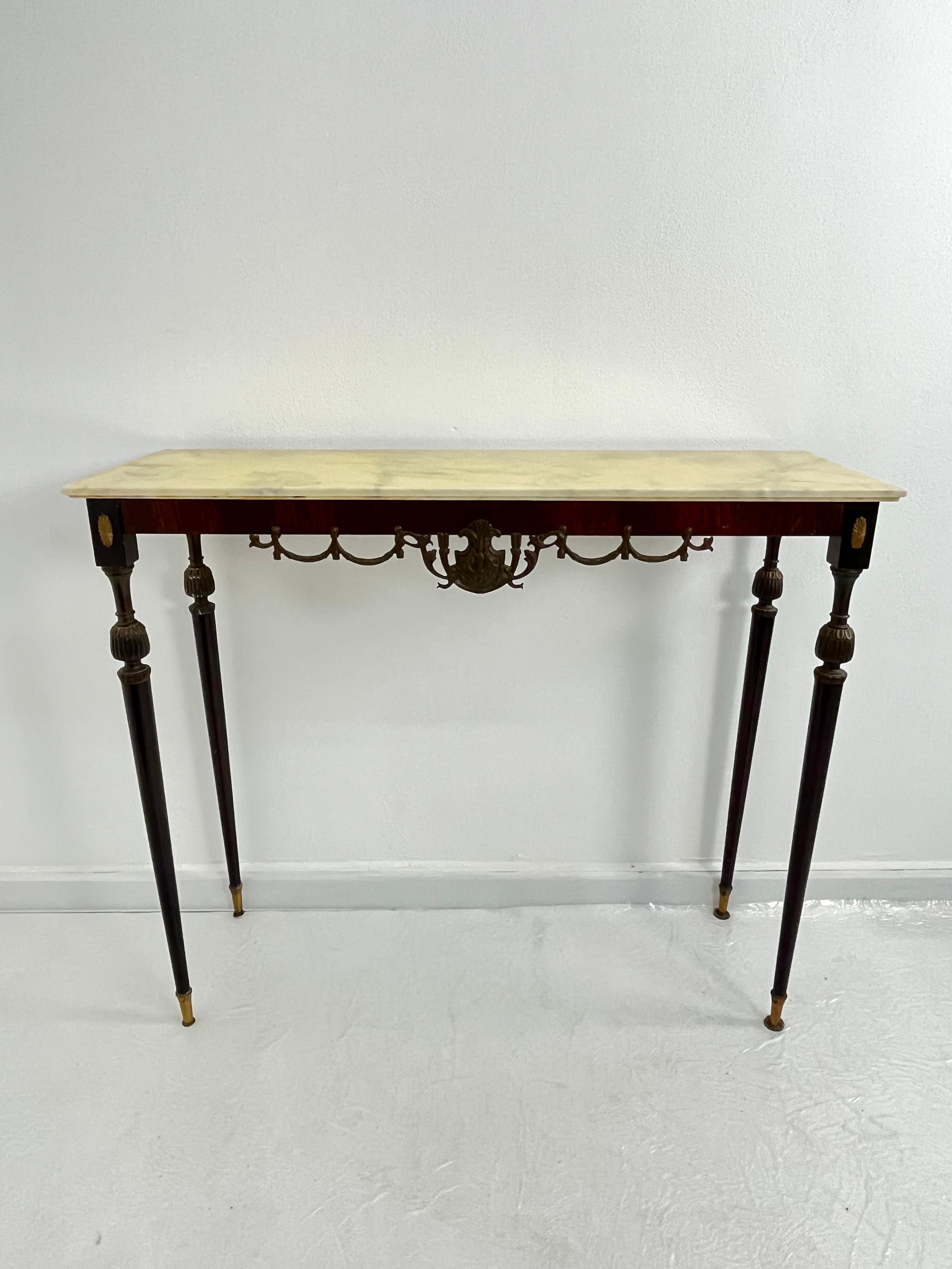 Italian Console Table in wood, brass, and bronze, marble top, 1950s For Sale 14