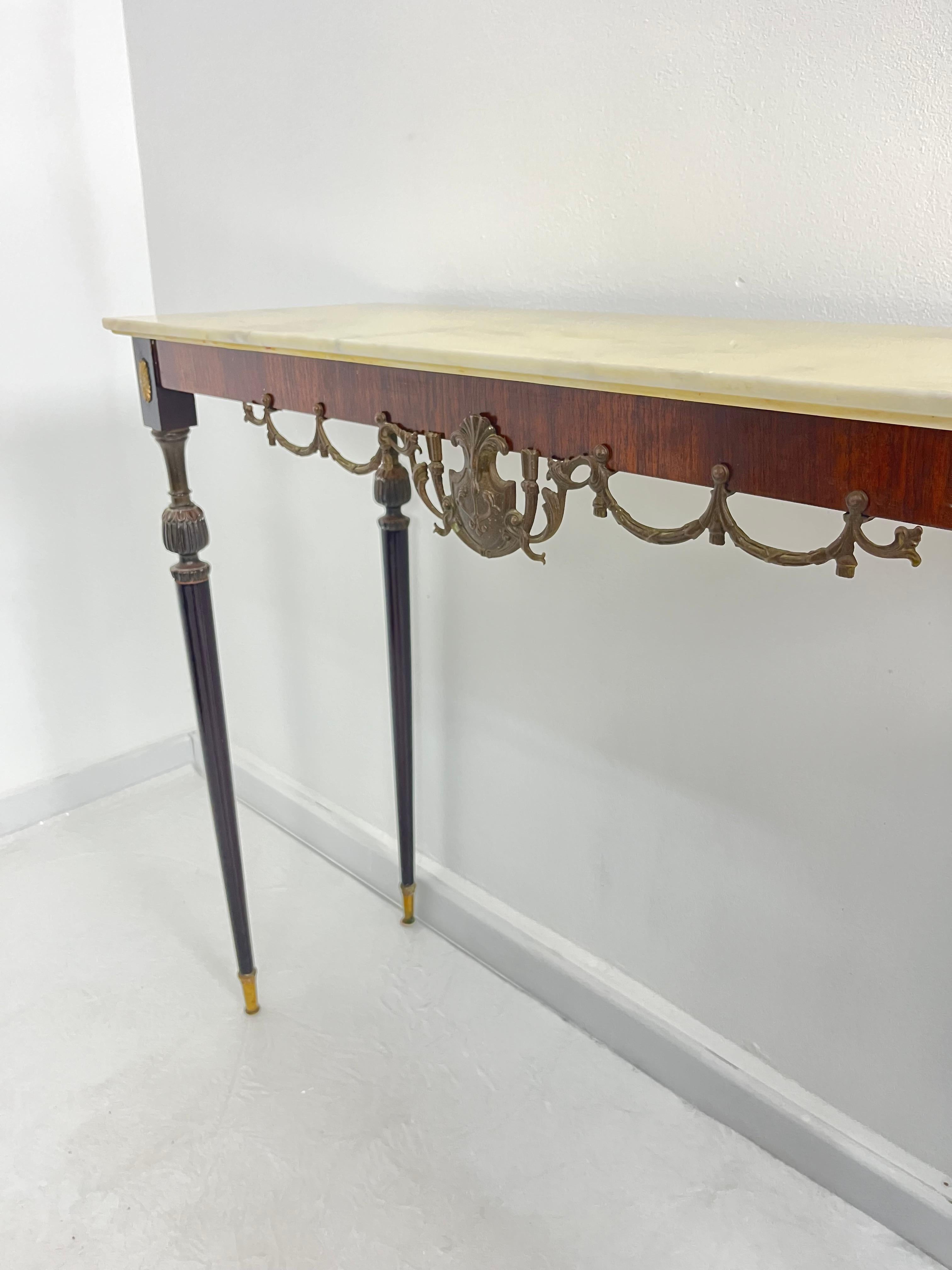 Mid-20th Century Italian Console Table in wood, brass, and bronze, marble top, 1950s For Sale