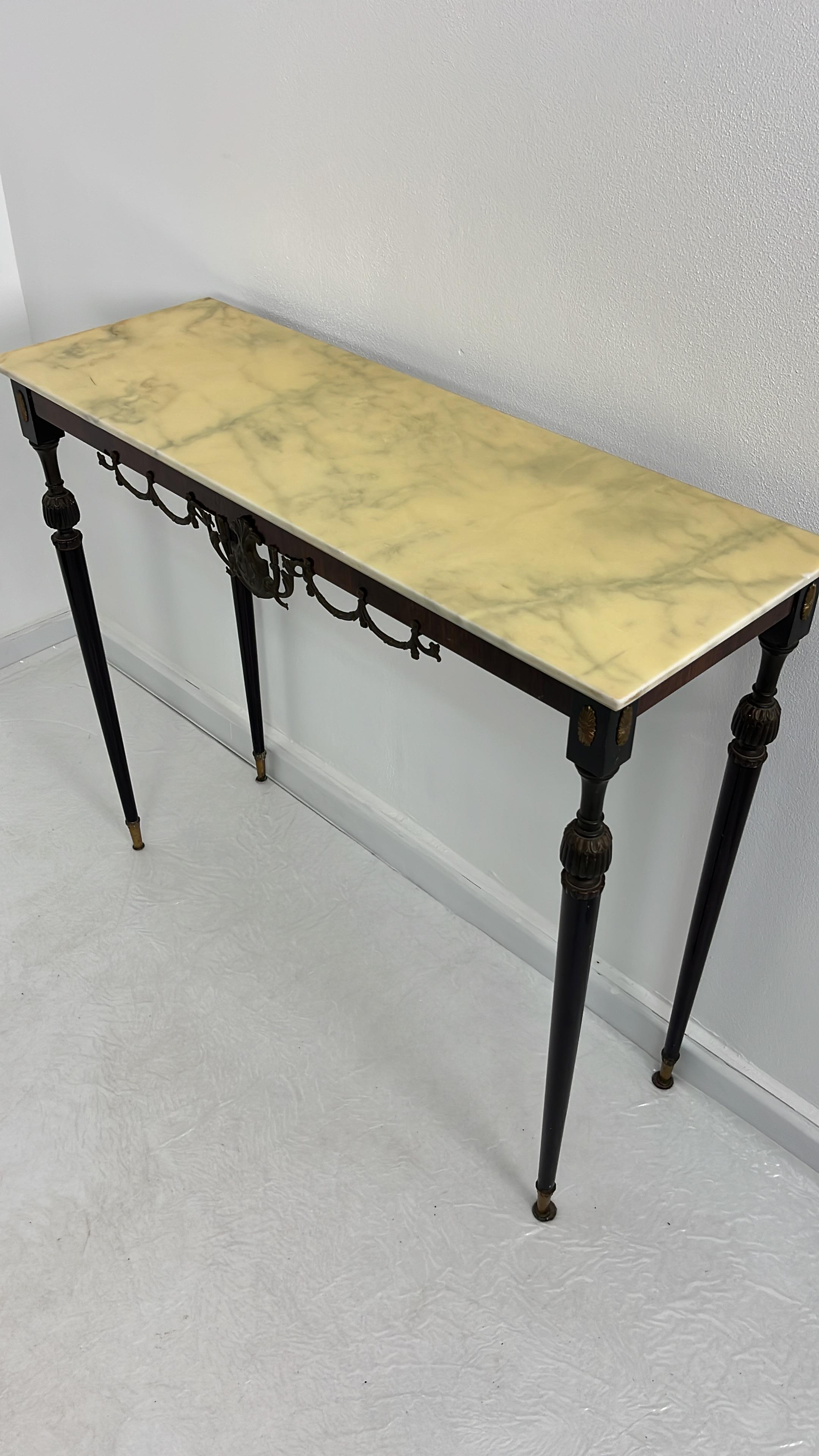 Brass Italian Console Table in wood, brass, and bronze, marble top, 1950s For Sale
