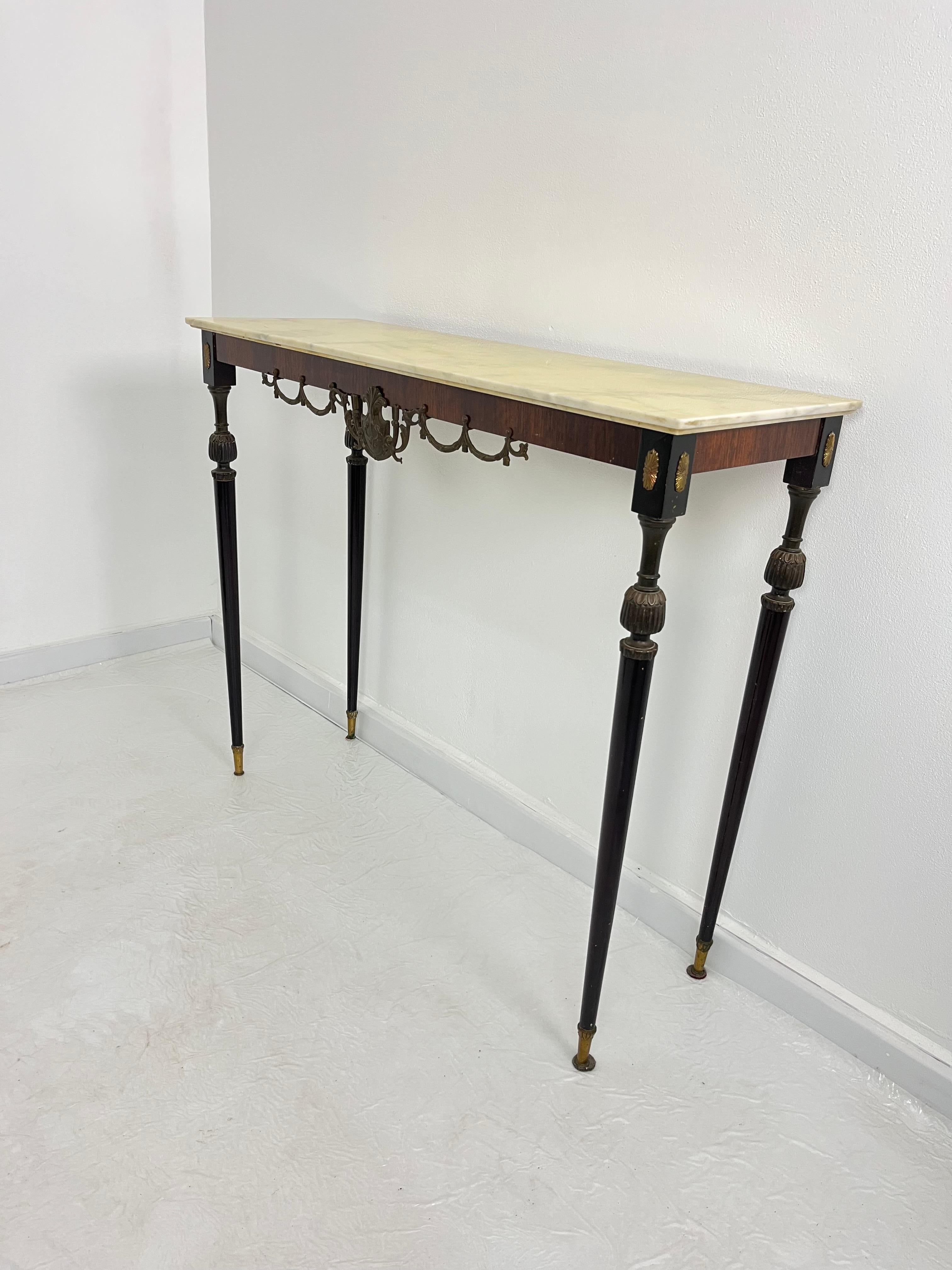 Italian Console Table in wood, brass, and bronze, marble top, 1950s For Sale 1