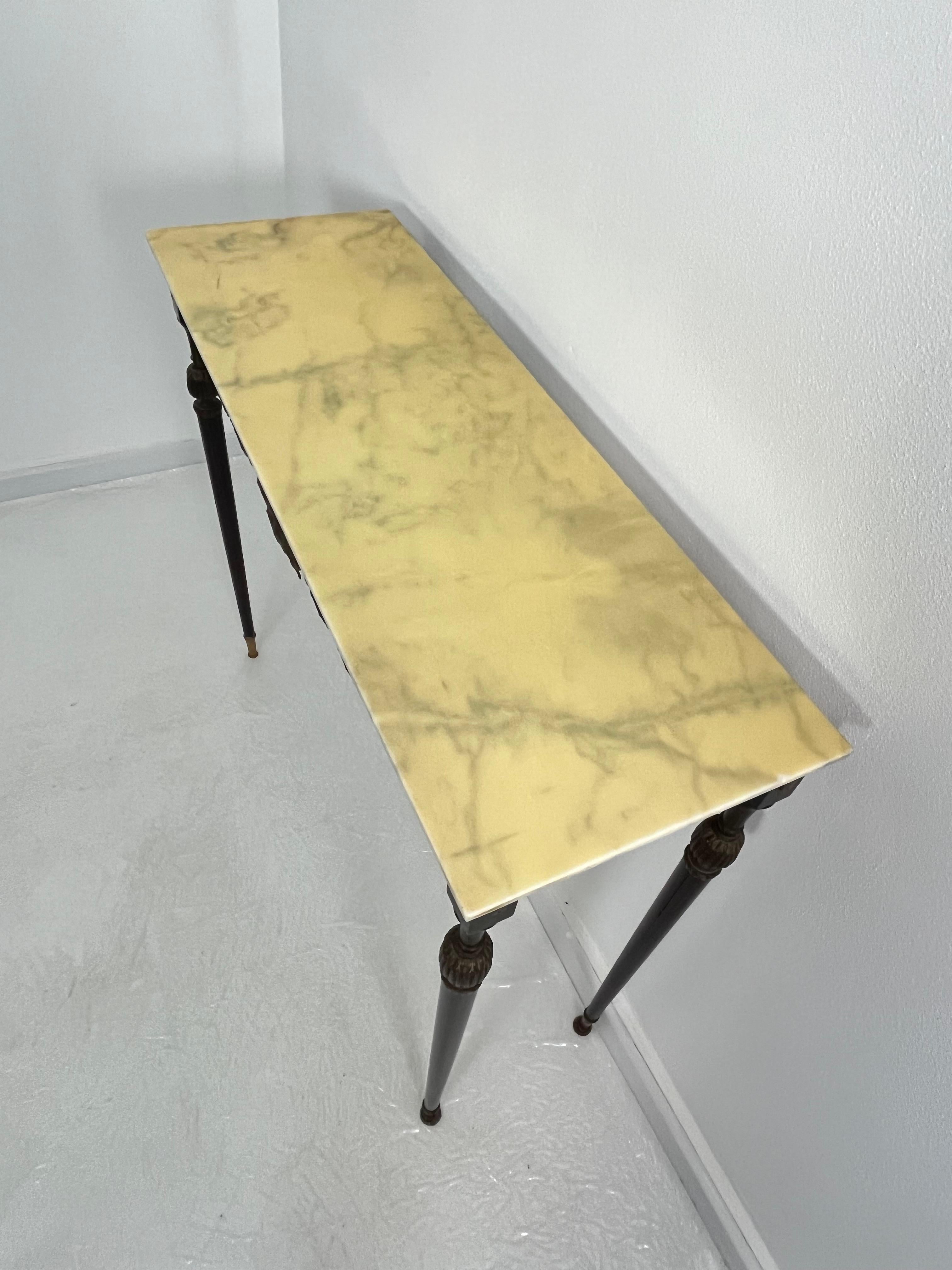 Italian Console Table in wood, brass, and bronze, marble top, 1950s For Sale 2