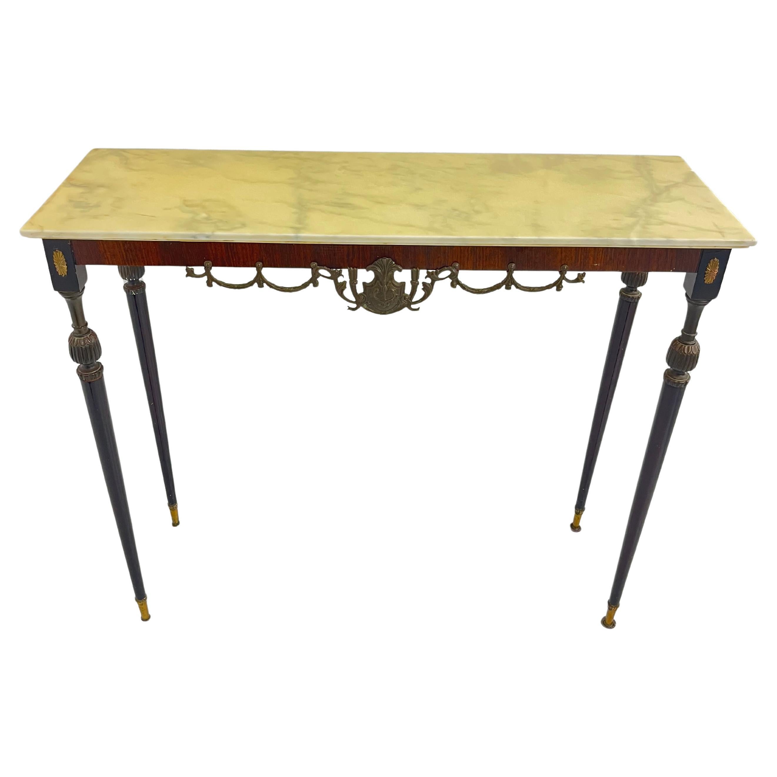 Italian Console Table in wood, brass, and bronze, marble top, 1950s For Sale