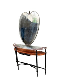 Italian Console Table in Wood, Glass, Iron with Heart Wall Mirror from the 1950s