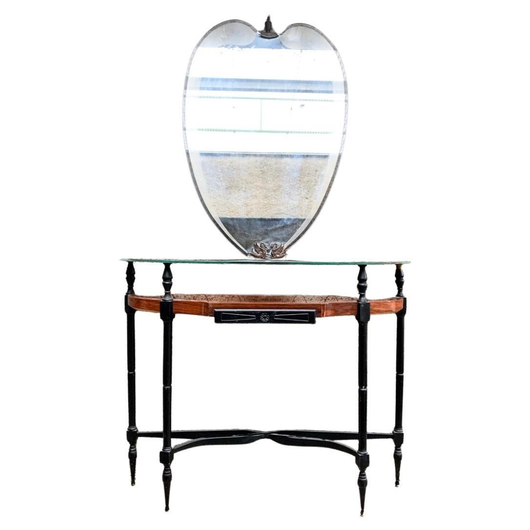 Table console italienne en bois, verre, fer avec miroir mural en forme de cœur des années 1950 en vente