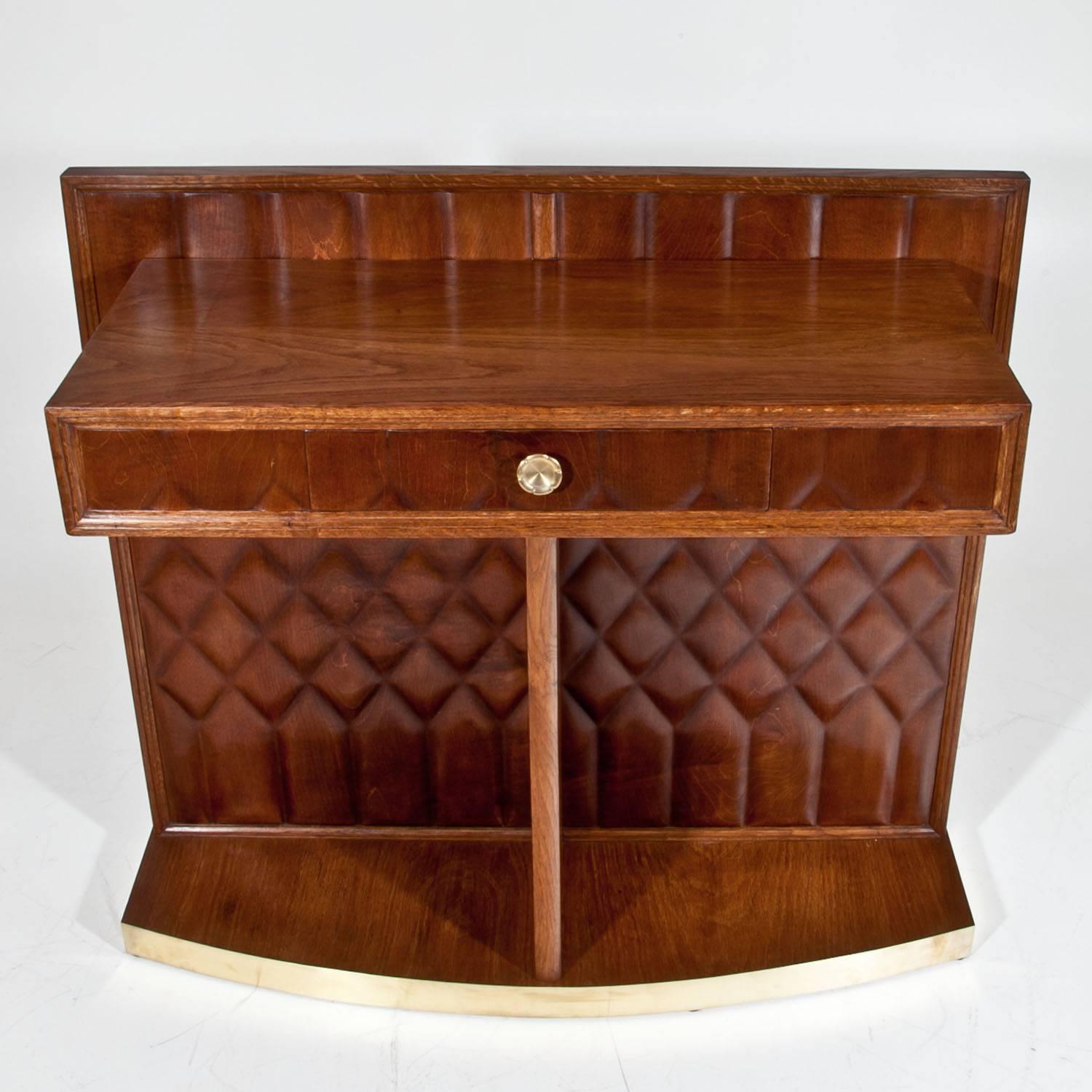 Italian console table with one drawer and a scalloped frame, standing on a curved pedestal. The rear wall of the console shows a stepped structure. Restored and polished.