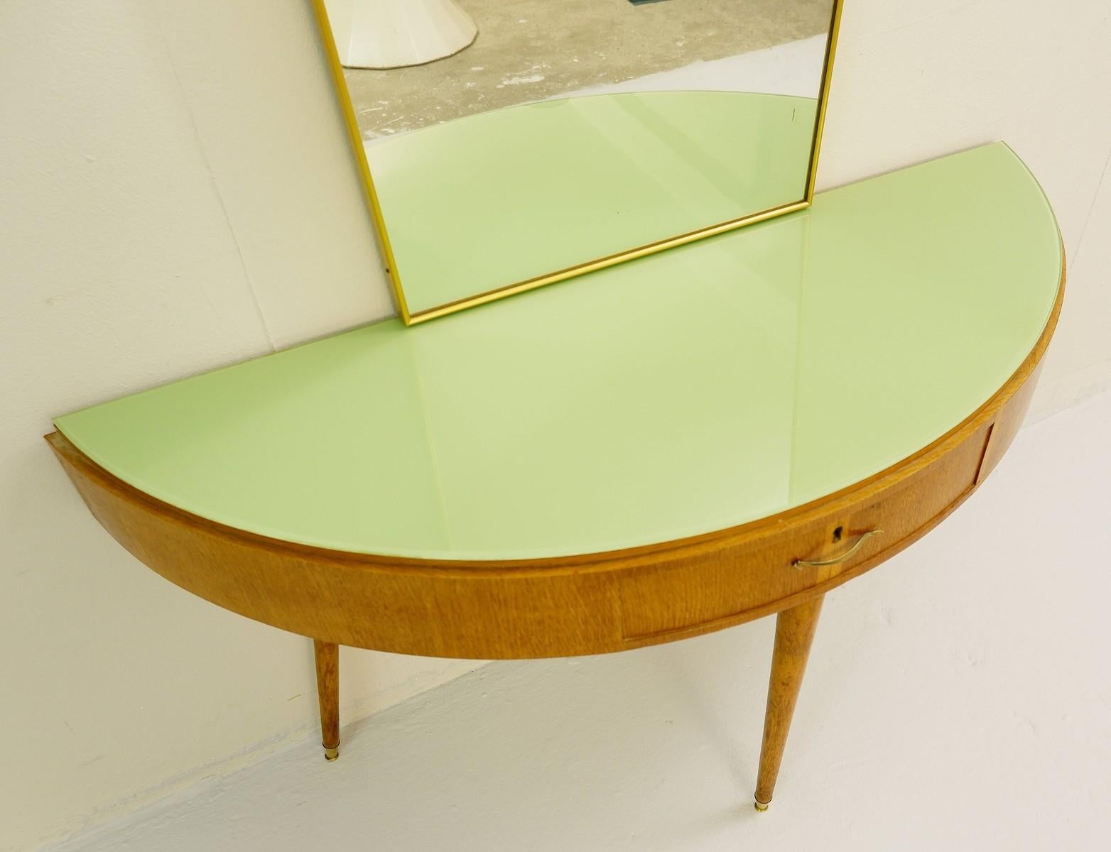 Mid-Century Modern Italian Console Table or Vanity Desk, Oak, Glass Top, 1940s