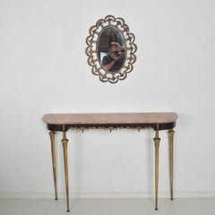 Italian Console Table with Bronze Legs and Rose Marble Top Hollywood Regency