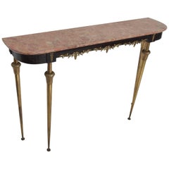 Italian Console Table with Bronze Legs and Rose Marble Top Hollywood Regency