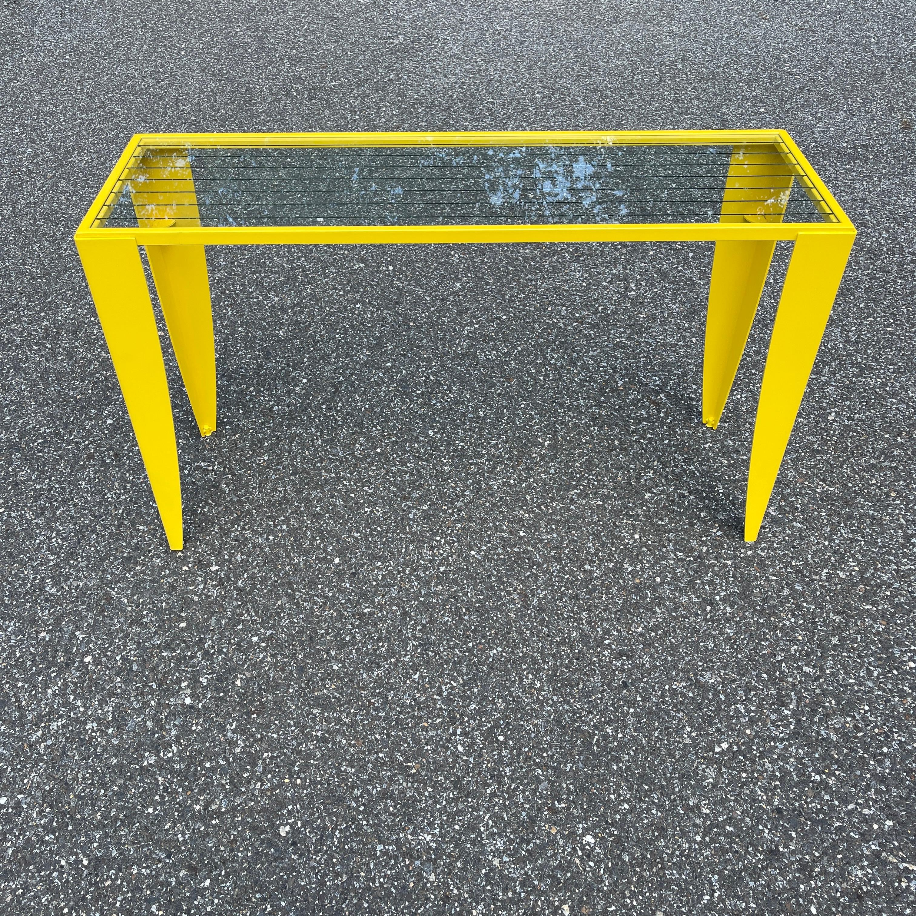 Italian Console Table with Glass Top, Powder Coated Yellow, Mid-Century Modern 4