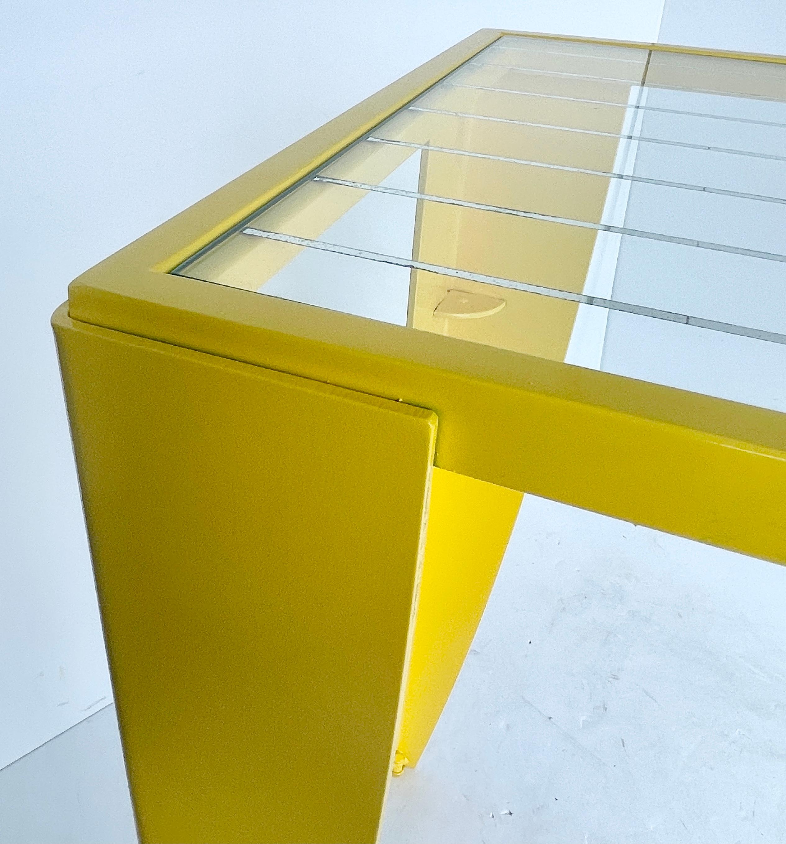 Mid-20th Century Italian Console Table with Glass Top, Powder Coated Yellow, Mid-Century Modern