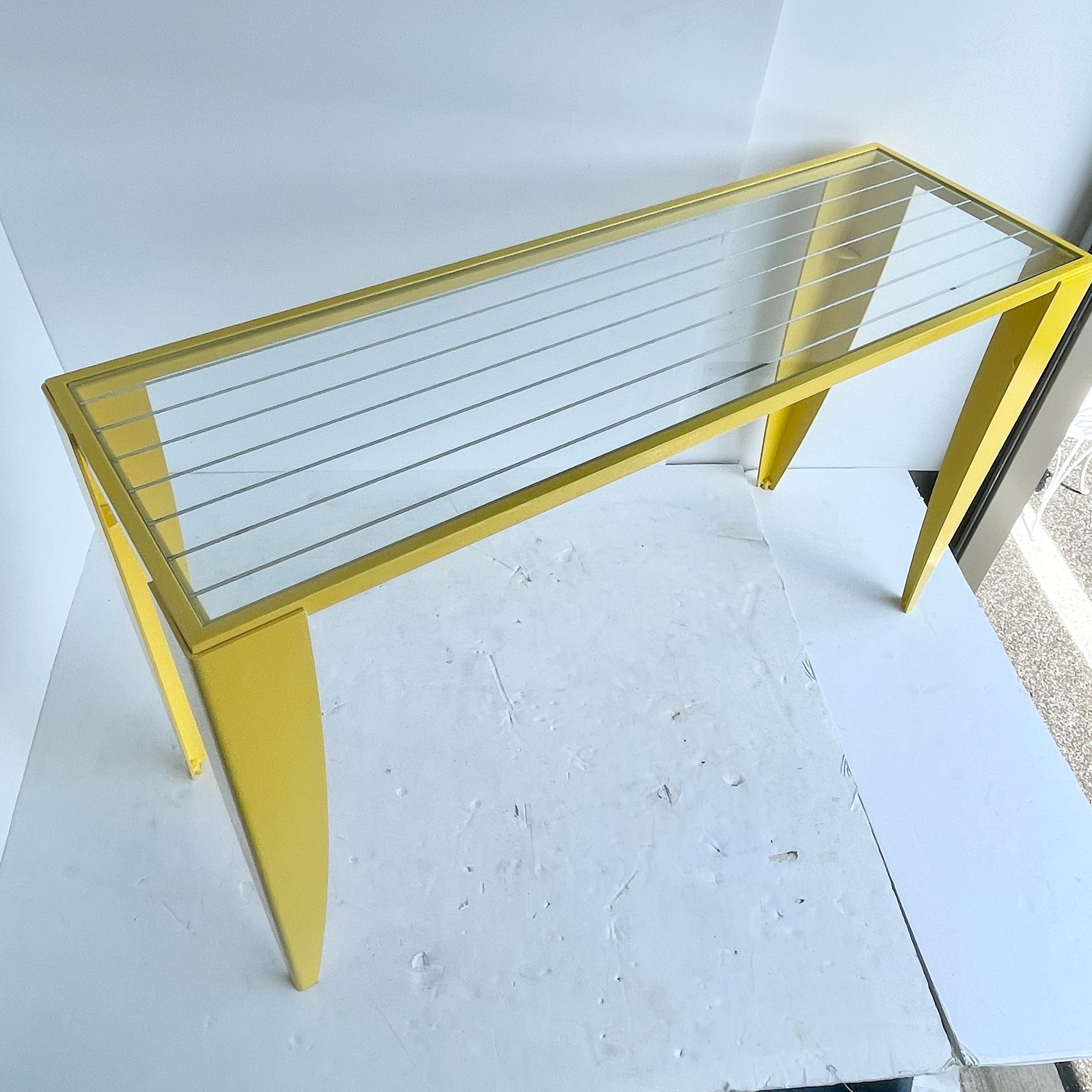 Stainless Steel Italian Console Table with Glass Top, Powder Coated Yellow, Mid-Century Modern