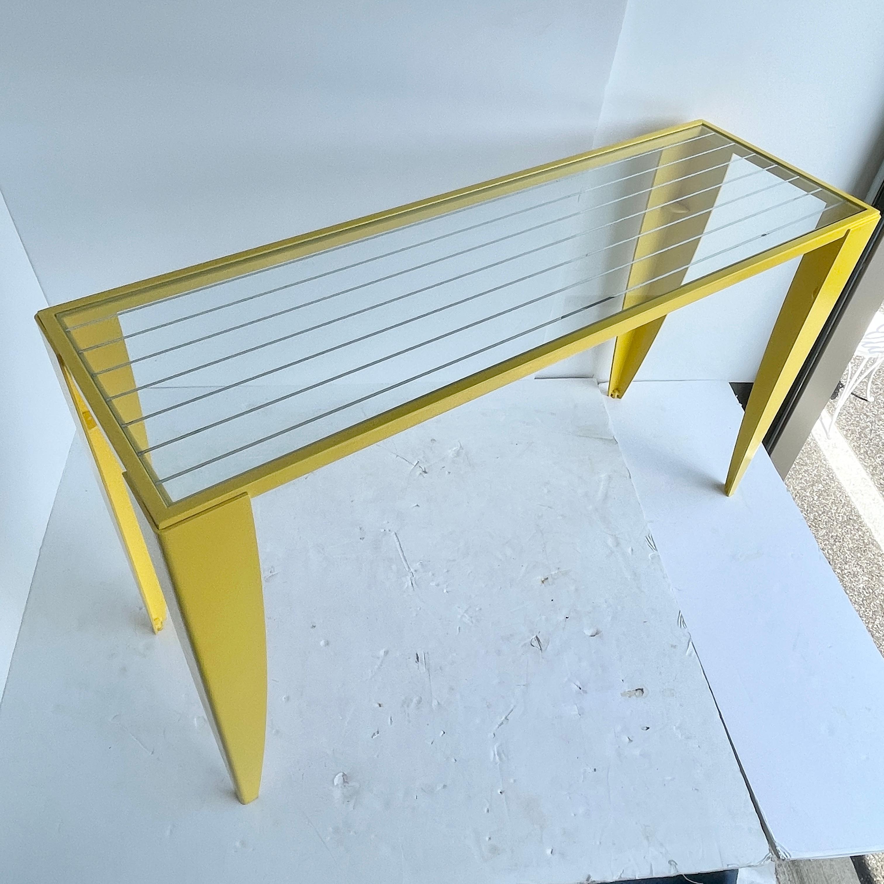 Italian Console Table with Glass Top, Powder Coated Yellow, Mid-Century Modern 1