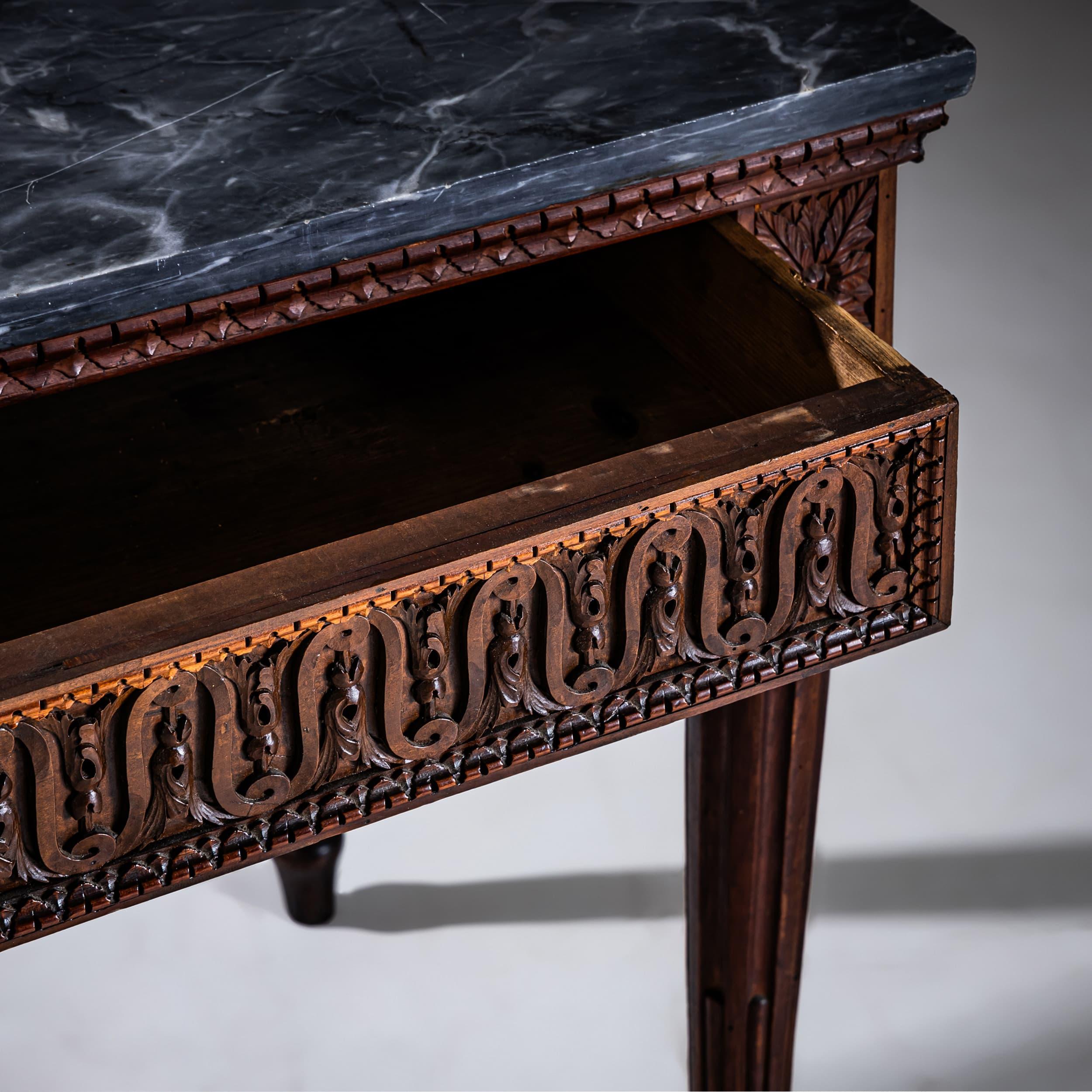 Hand-Carved Italian Console Table with Gray Marble Top, Late 18th Century For Sale