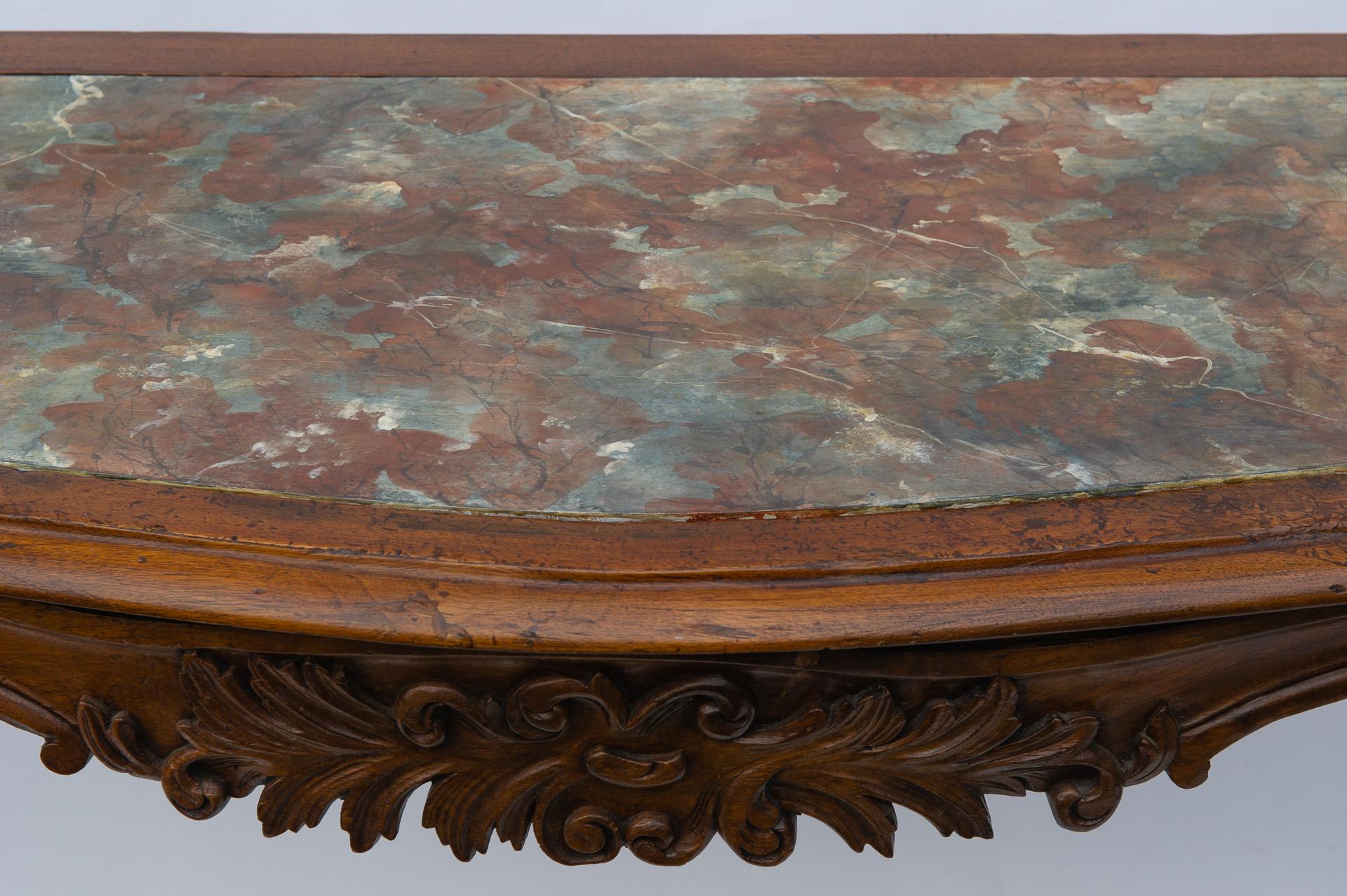 M/531 -  Italian antique console table with rare painted top in faux marble; it's from 19th century Louis Philippe period, but in Louis XV style.  The painting of the top  has been restored 30 years ago.   It's perfect for the entrance.
The price is