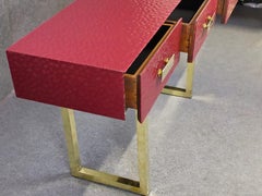 Italian console table with red murano glass beveled, 3 drawer and brass legs