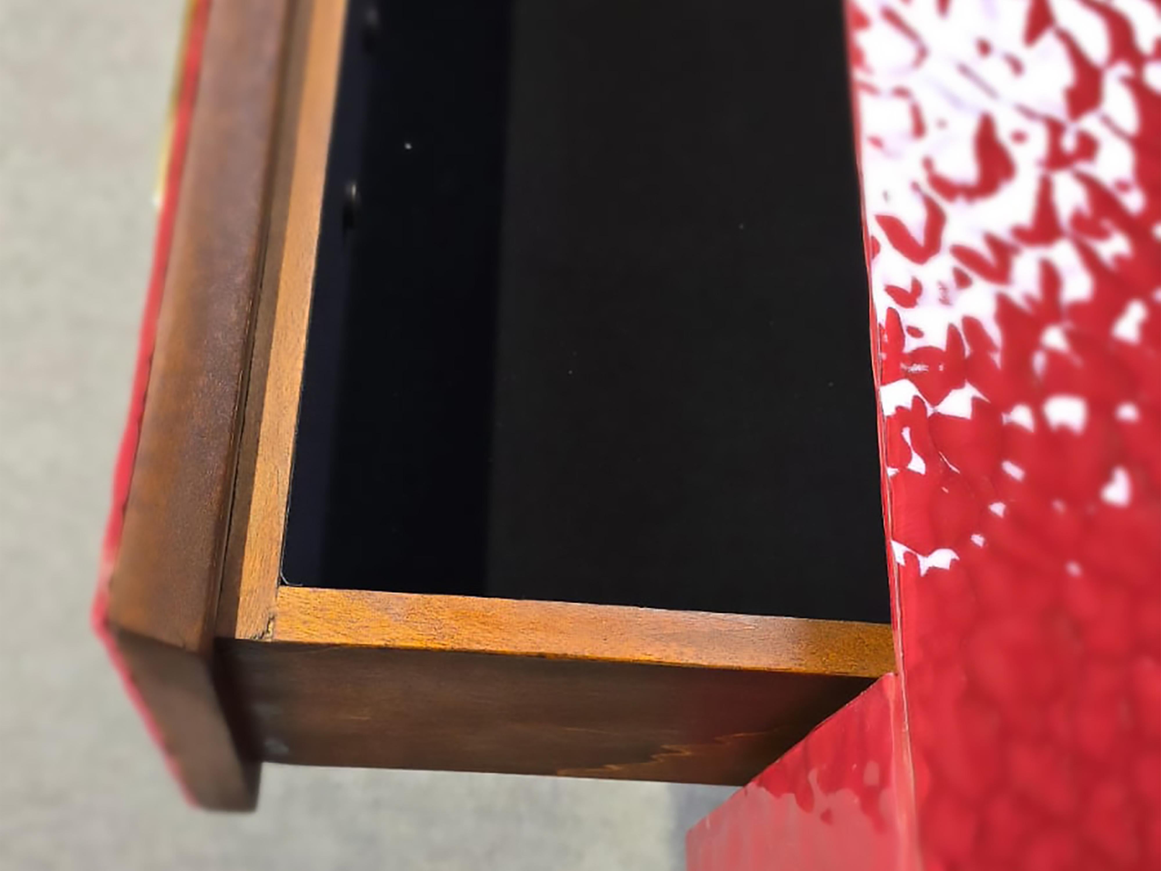 Polished Italian console table with red murano glass beveled, 3 drawer and brass legs, JF For Sale