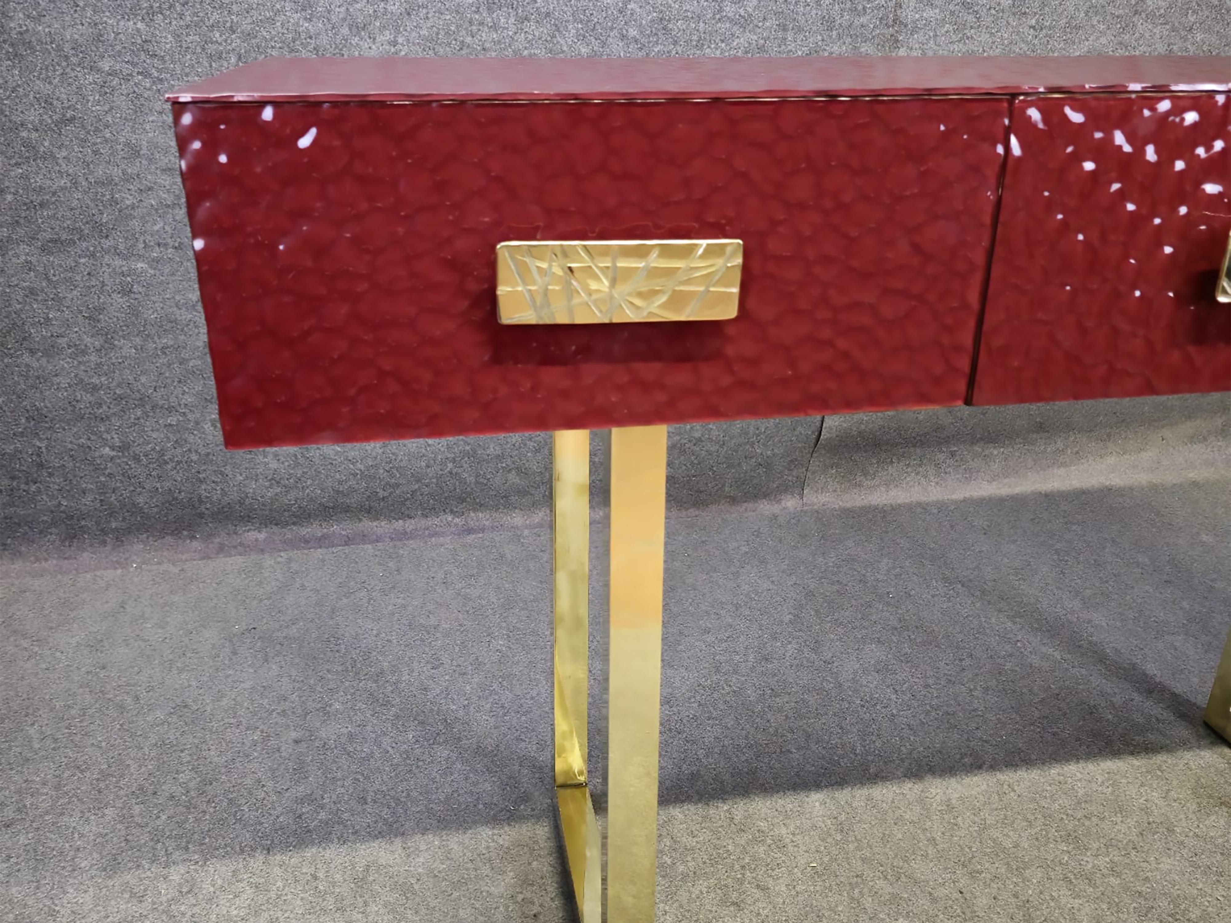 Contemporary Italian console table with red murano glass beveled, 3 drawer and brass legs, JF For Sale
