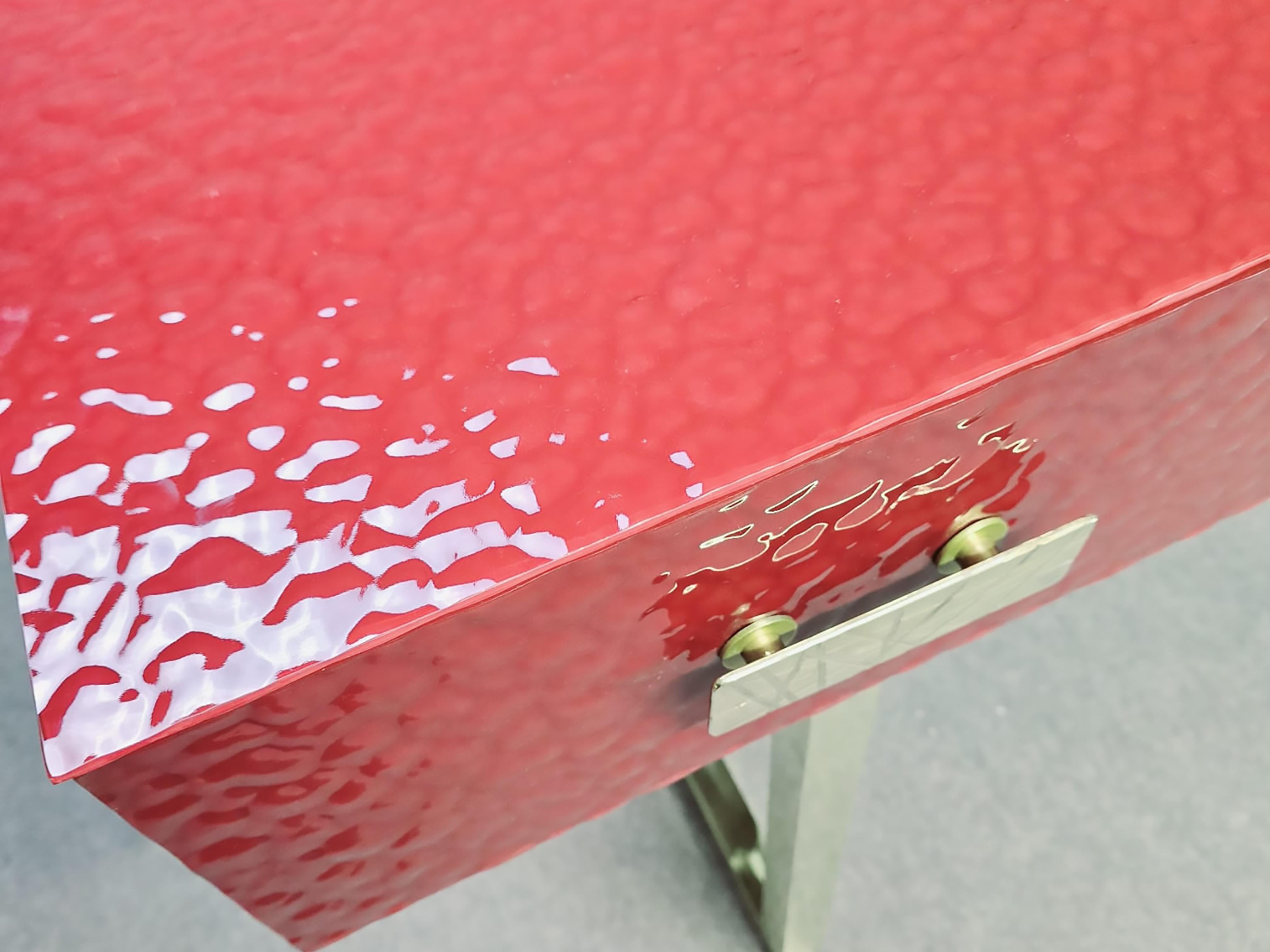 Art Glass Italian console table with red murano glass beveled, 3 drawer and brass legs, JF For Sale